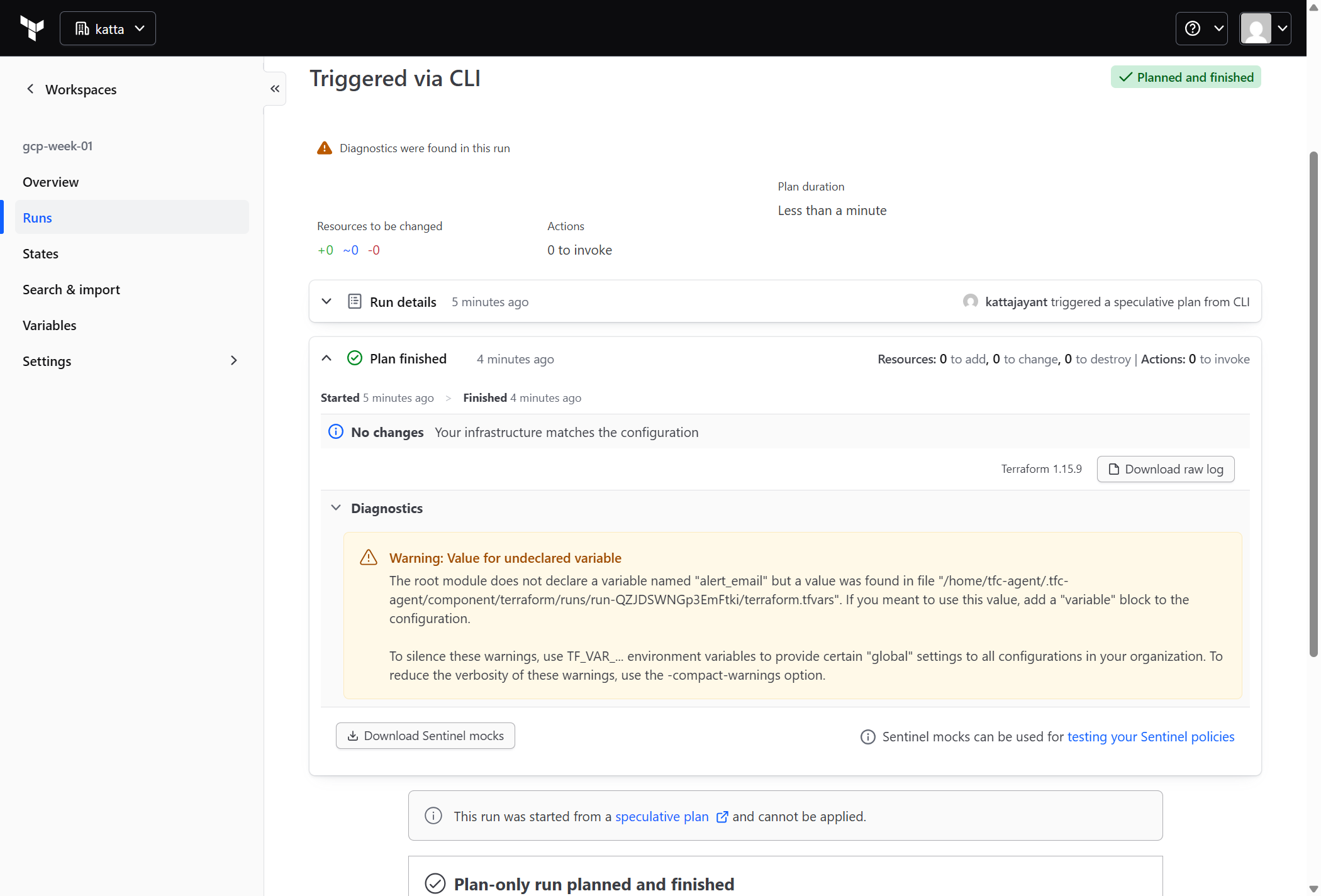 HCP Terraform run detail showing a plan that finished with no changes, triggered from CLI