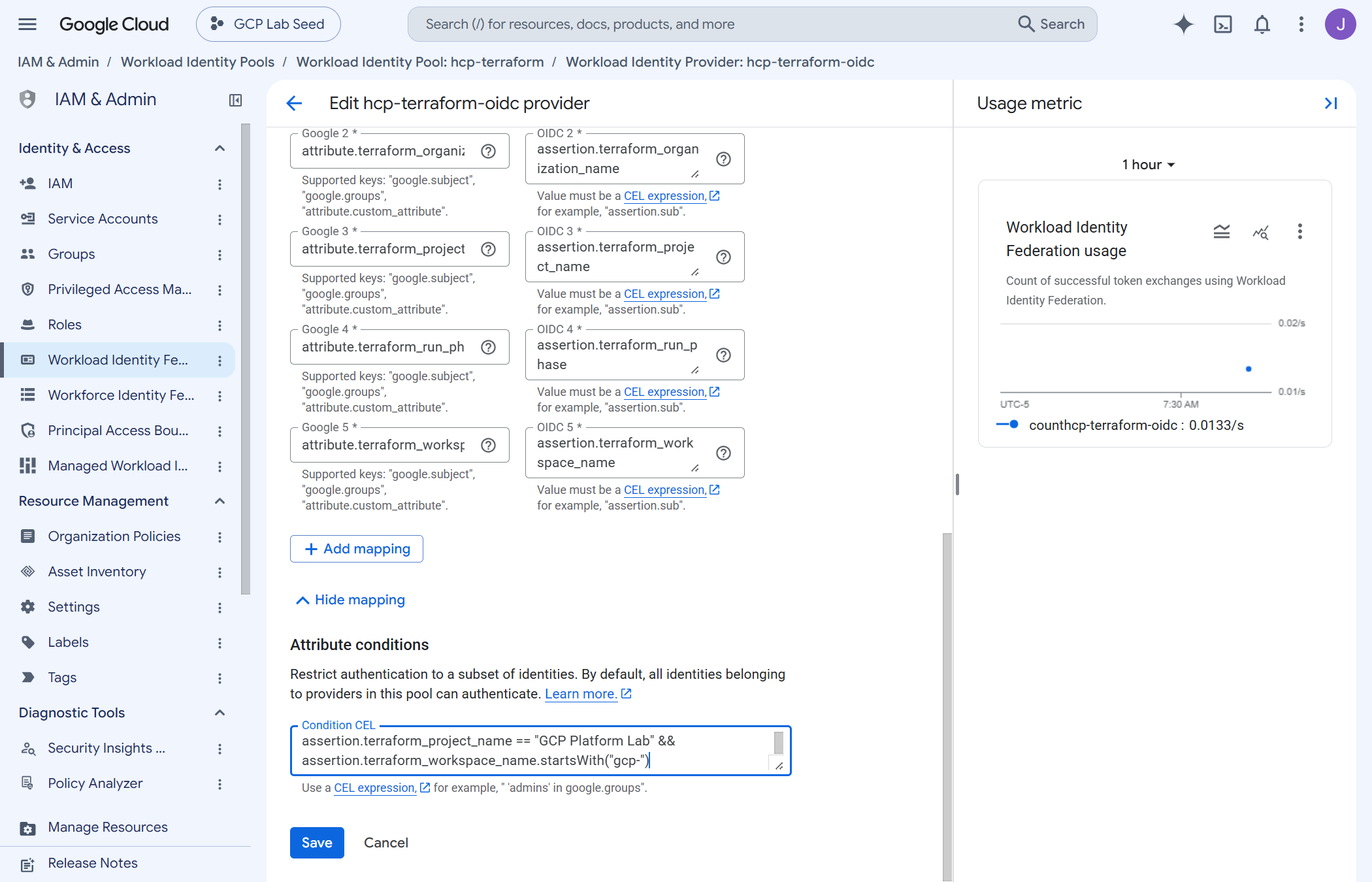 Workload identity provider configuration showing attribute mappings and the CEL condition, alongside a usage chart of successful token exchanges