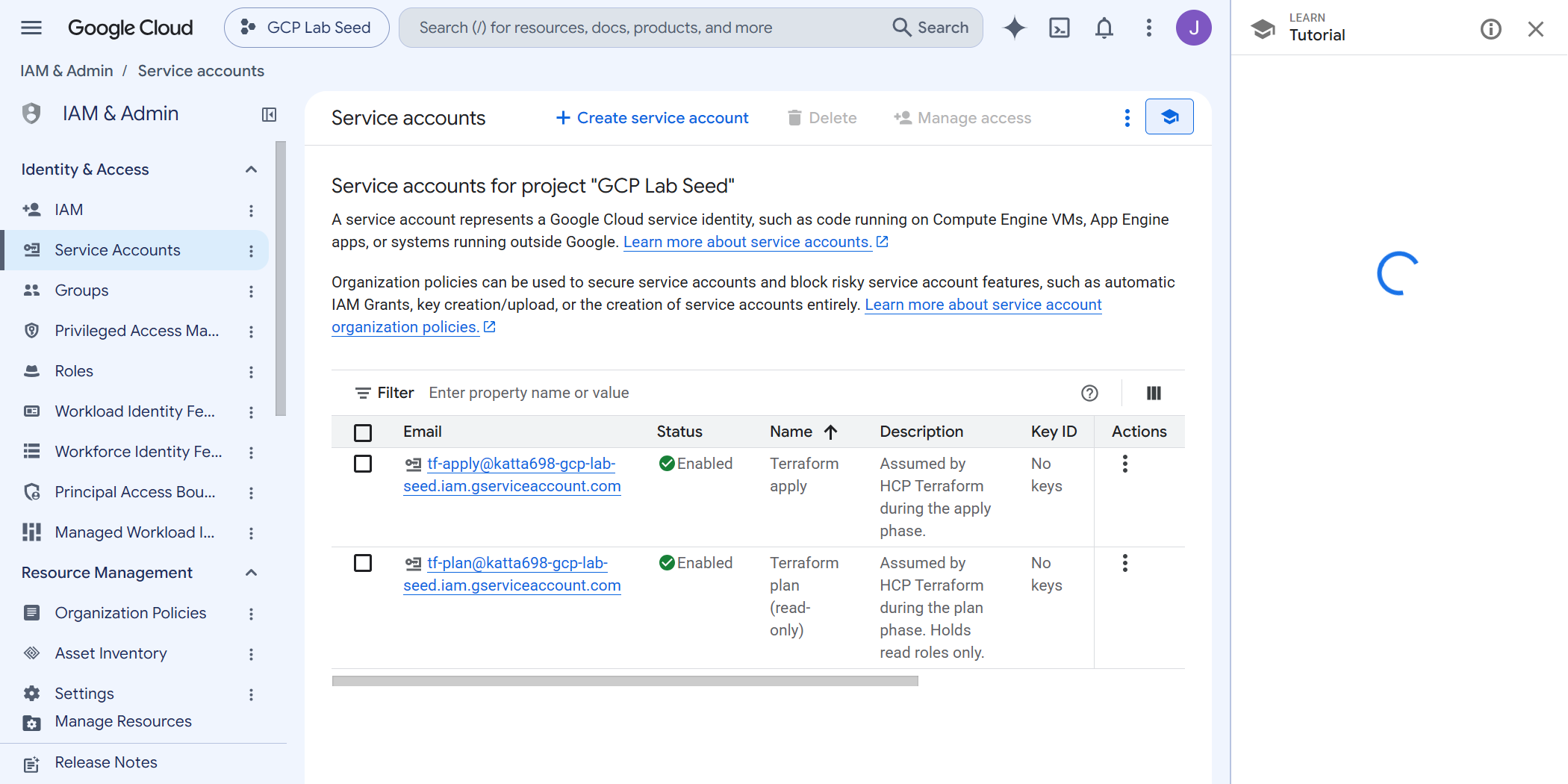 Google Cloud service accounts page showing tf-plan and tf-apply, both enabled, Key ID column reading No keys