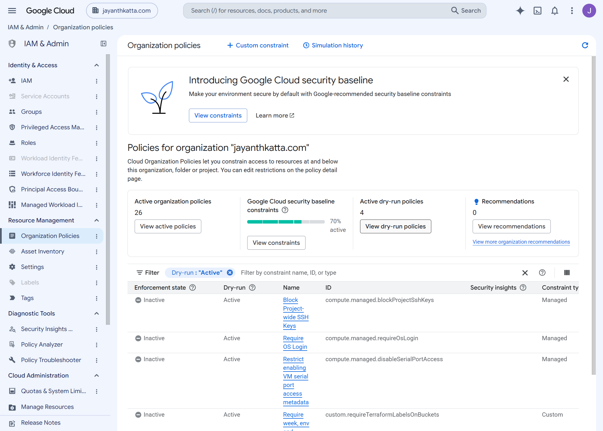 Google Cloud organization policies list filtered to dry-run, showing four constraints with Enforcement state Inactive and Dry-run Active