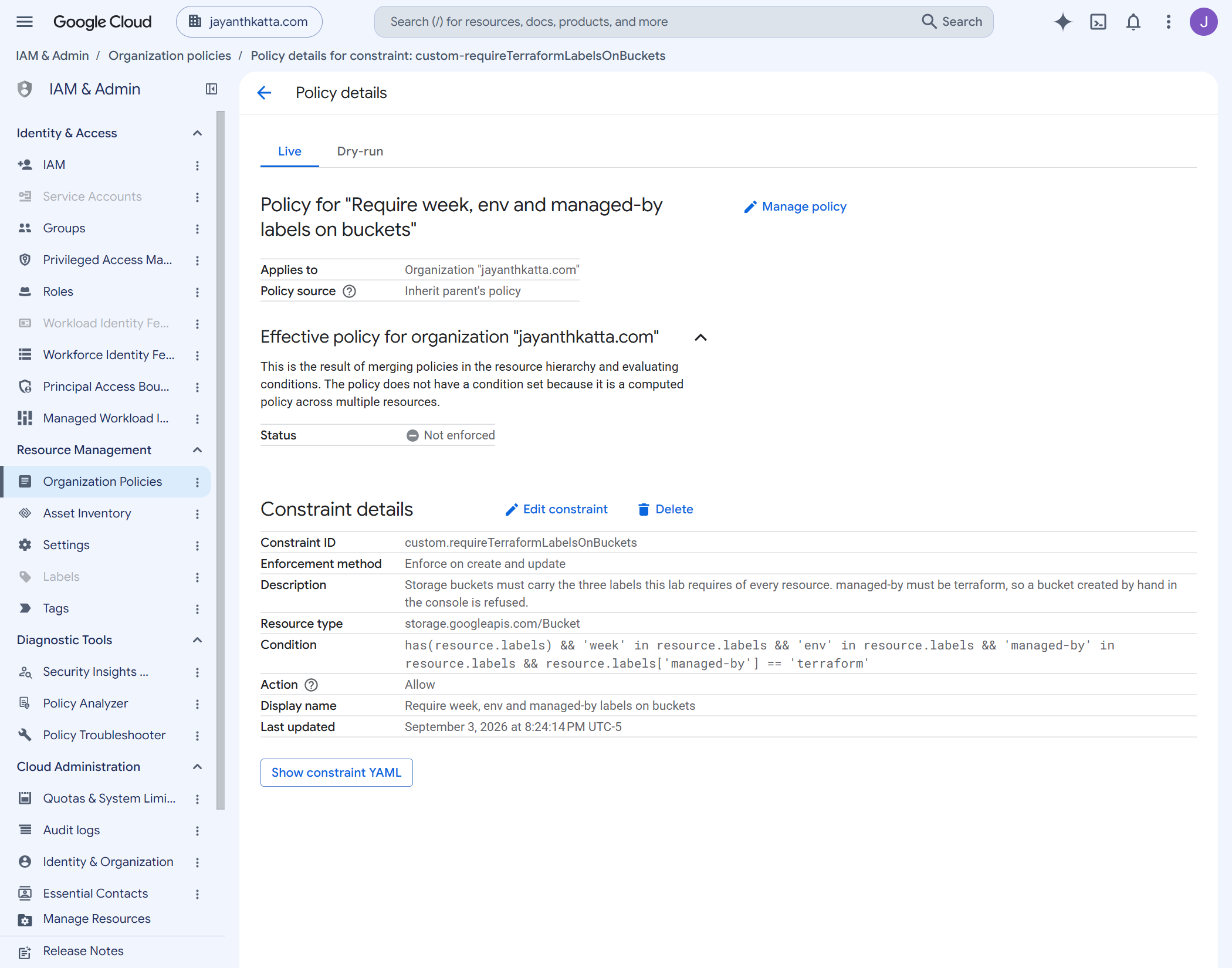 Custom constraint detail page showing the CEL condition, resource type storage.googleapis.com/Bucket, method types CREATE and UPDATE, and action ALLOW