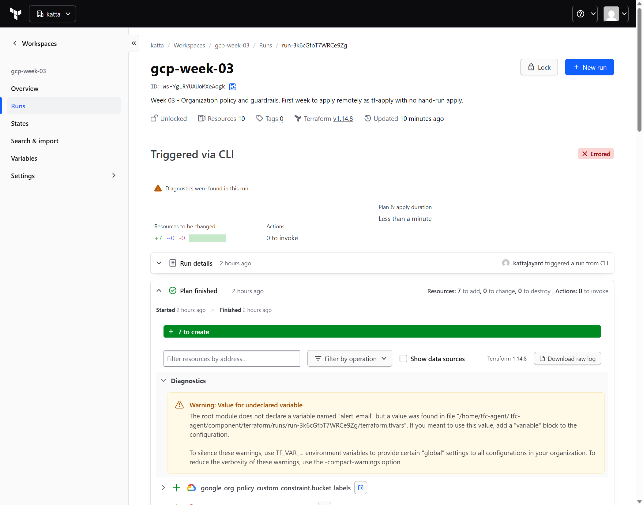 HCP Terraform run page showing an errored apply with SERVICE_DISABLED on orgpolicy.googleapis.com