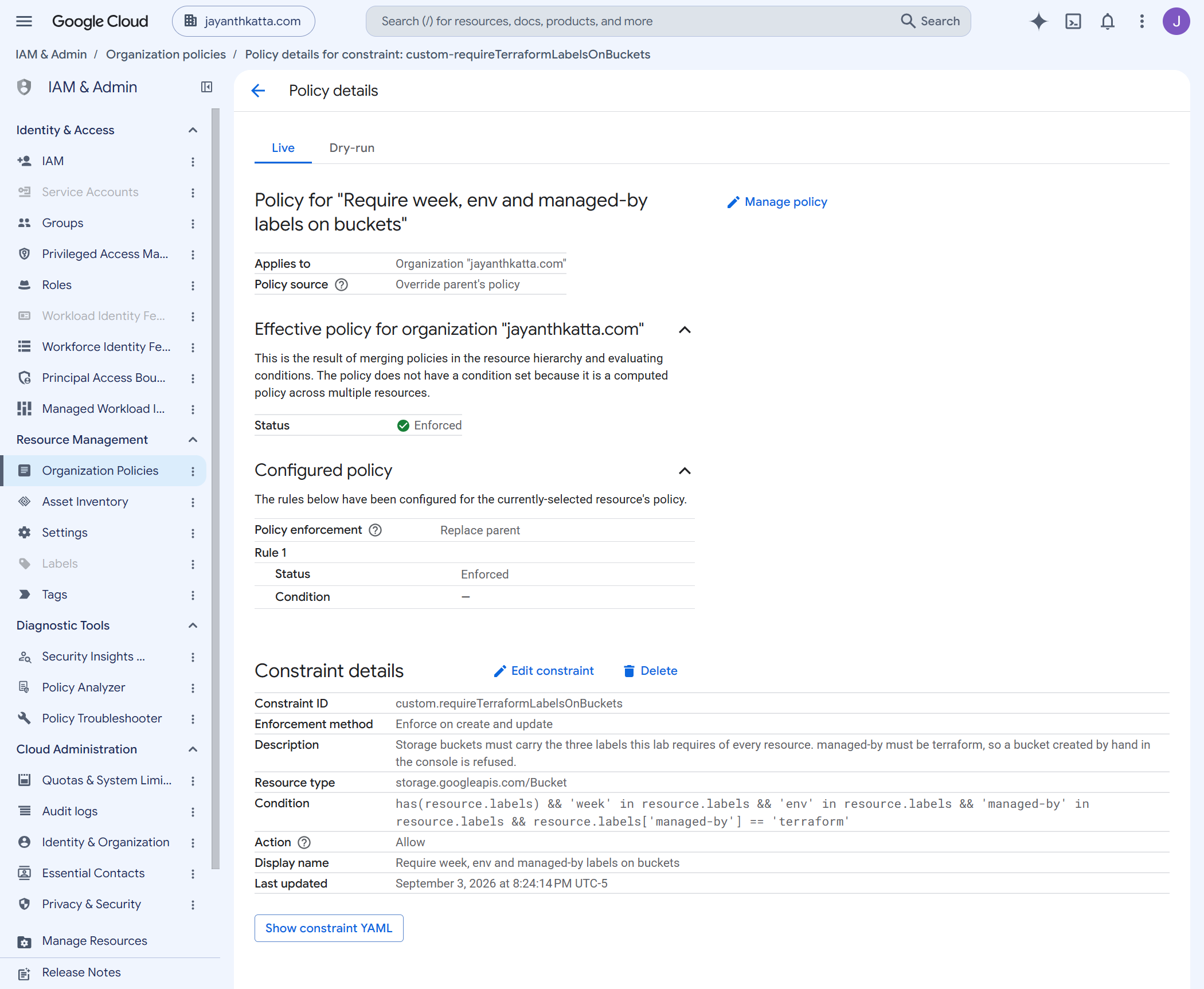 Google Cloud console showing the custom constraint after promotion, with enforcement state Active