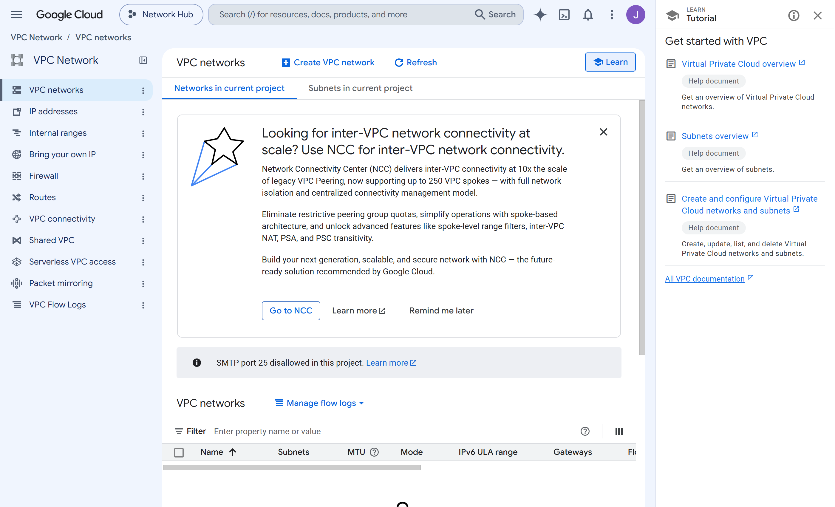 Google Cloud console showing the VPC networks list for the network hub project, empty