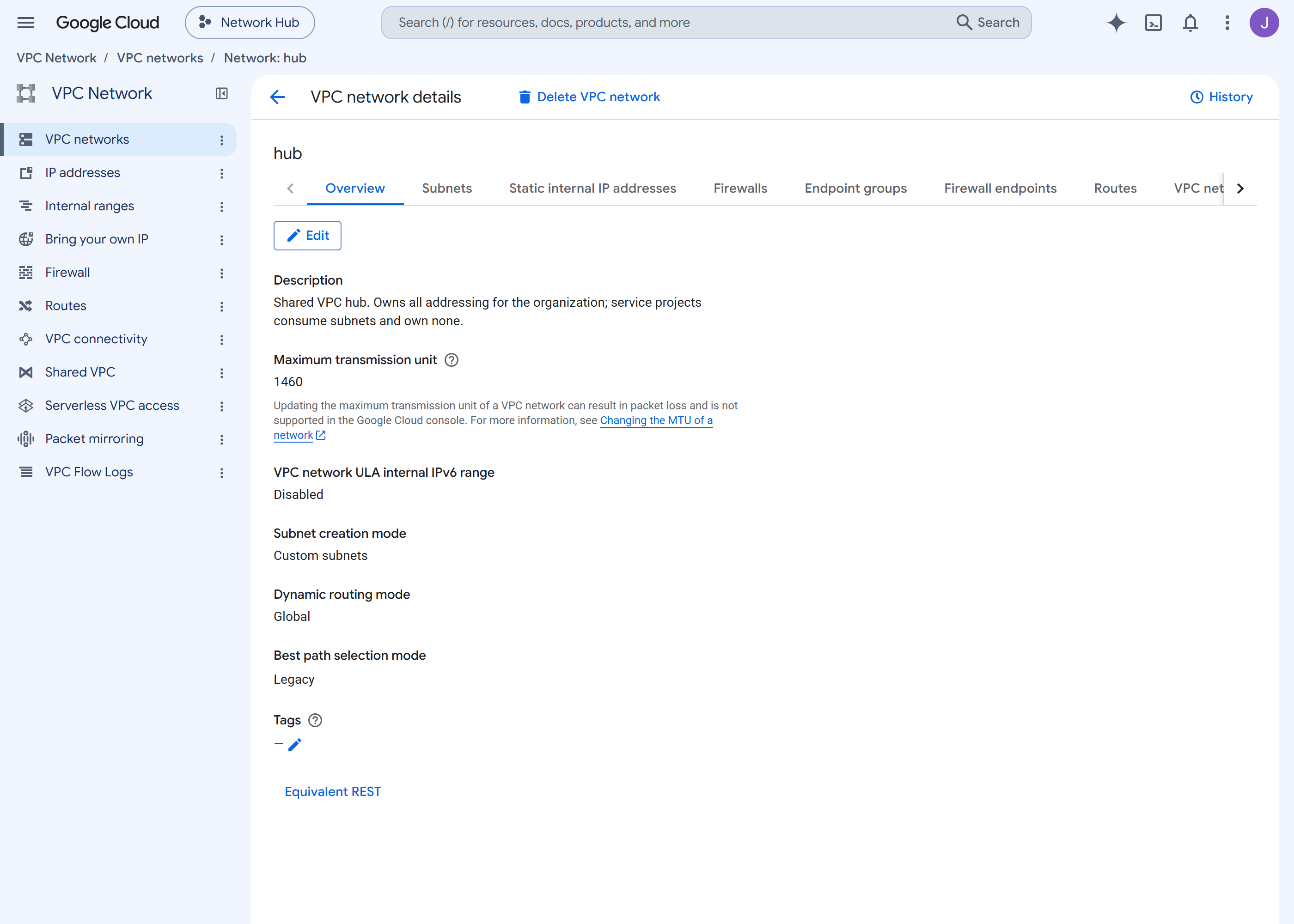 The hub VPC detail page showing custom subnet mode with the dev and prod subnets and their ranges