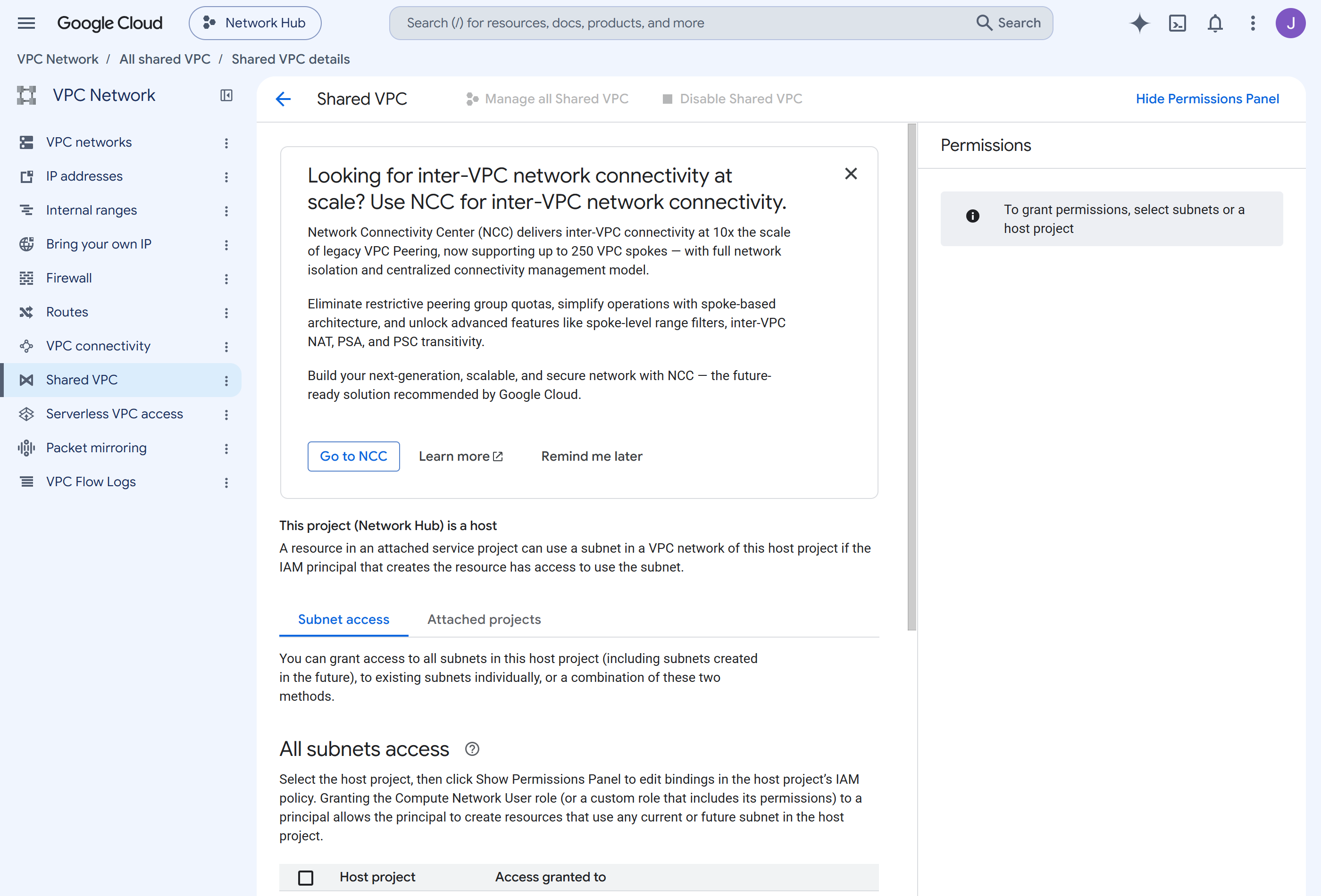 The Shared VPC page for the host project showing the attached service project