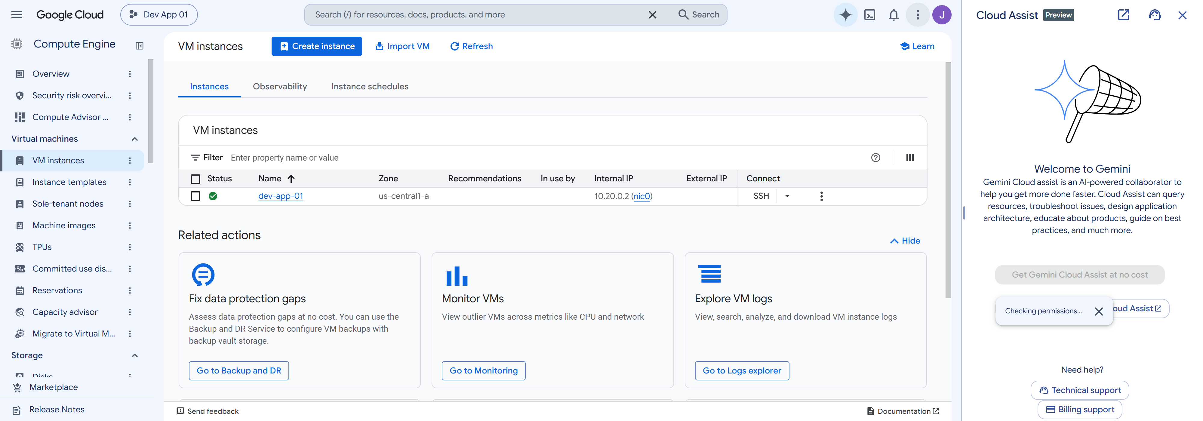 VM instances list showing dev-app-01 with internal IP 10.20.0.2 and an empty External IP column