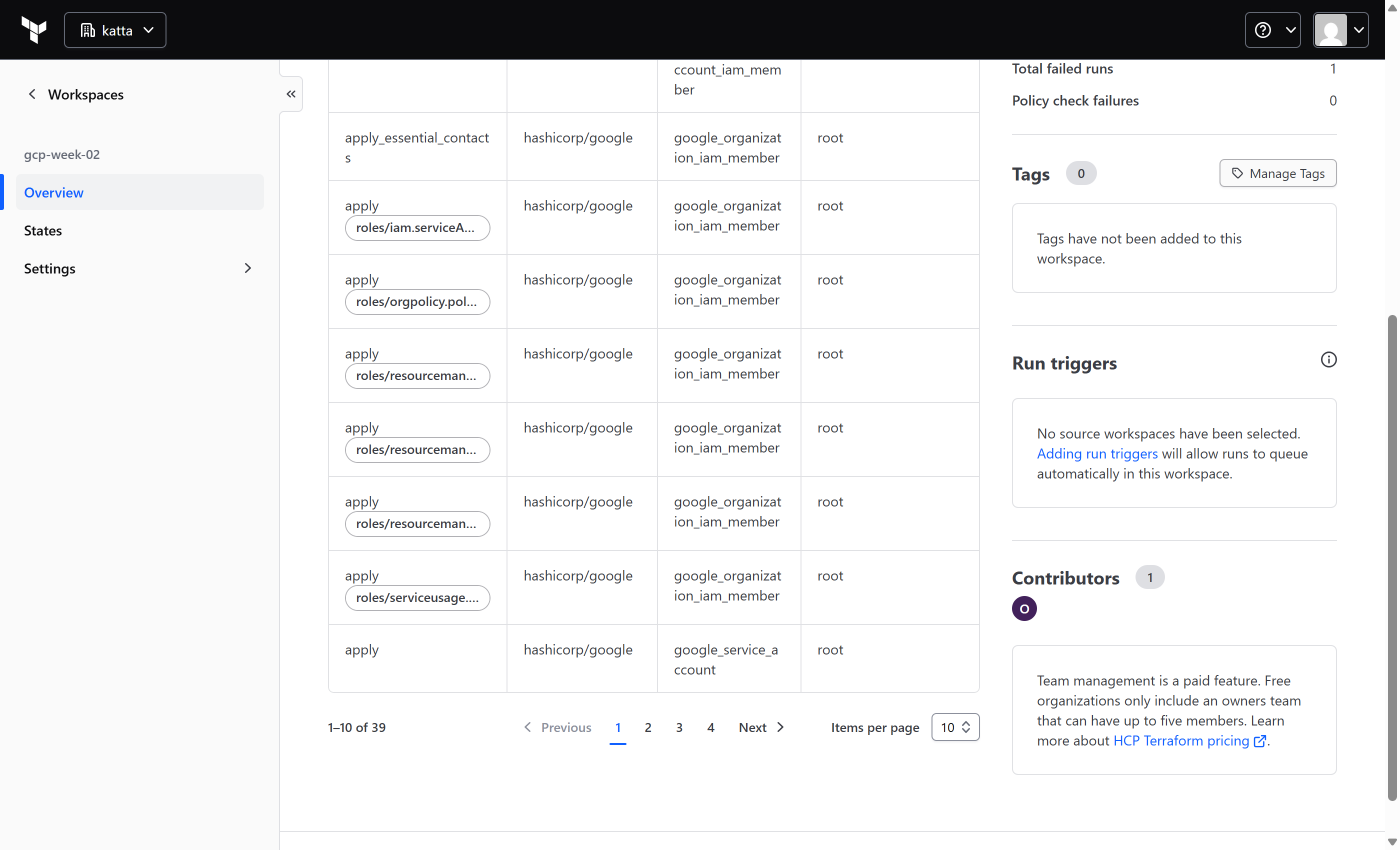HCP Terraform run list for the Week 2 workspace, showing the runs that added the tag and essential contacts roles