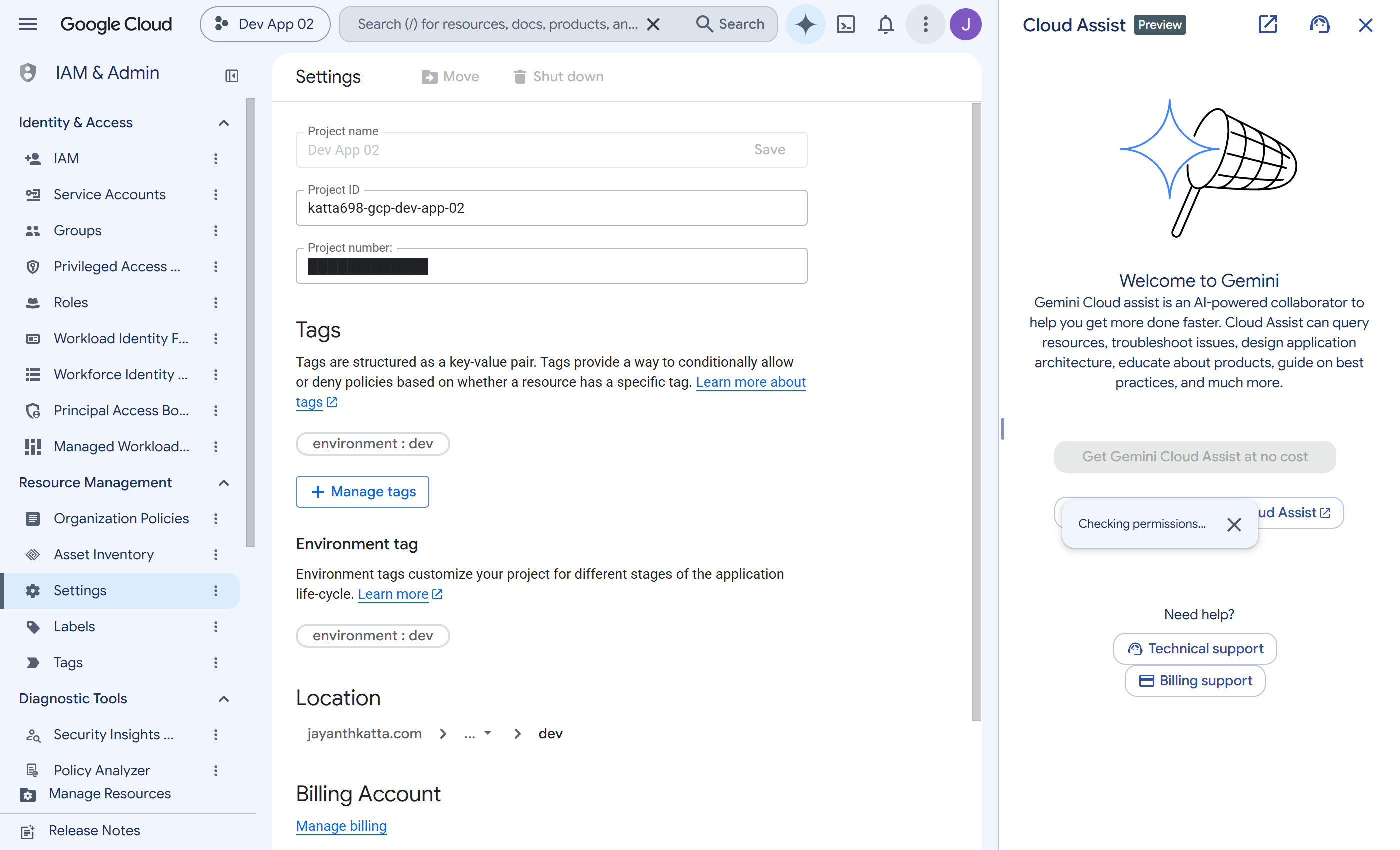 Project settings for Dev App 02 showing the project ID, the environment dev tag, and the folder location under dev