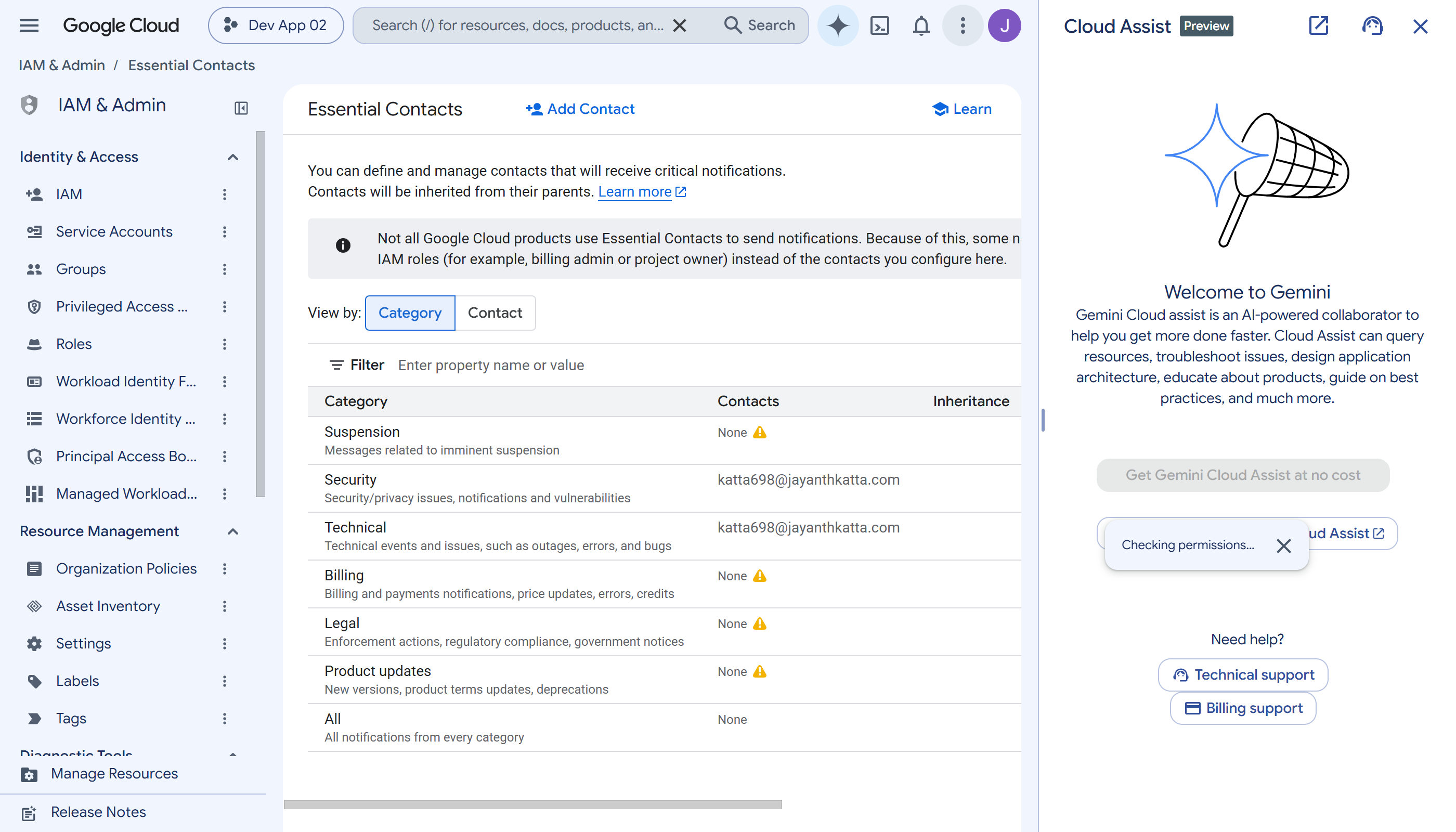 Essential contacts page for the project showing a contact subscribed to security and technical notifications