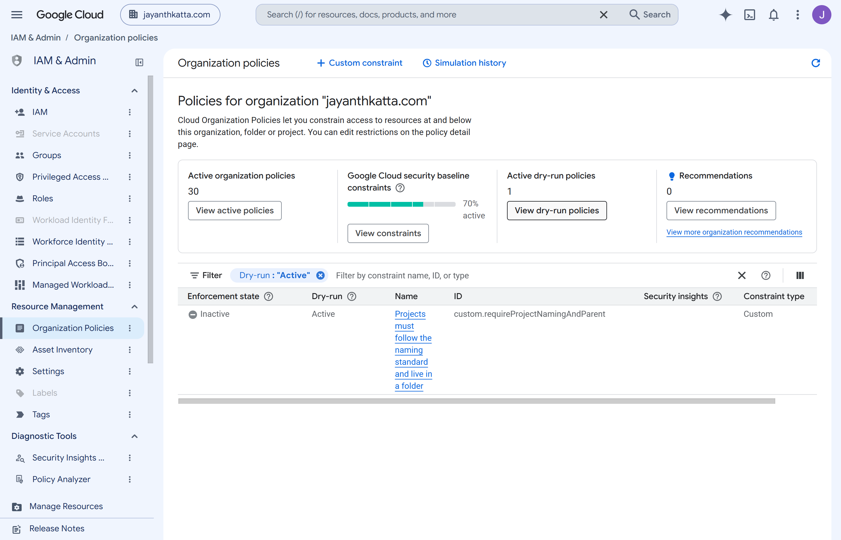 Organization policies filtered to dry-run, showing the custom naming constraint with enforcement state Inactive and dry-run Active