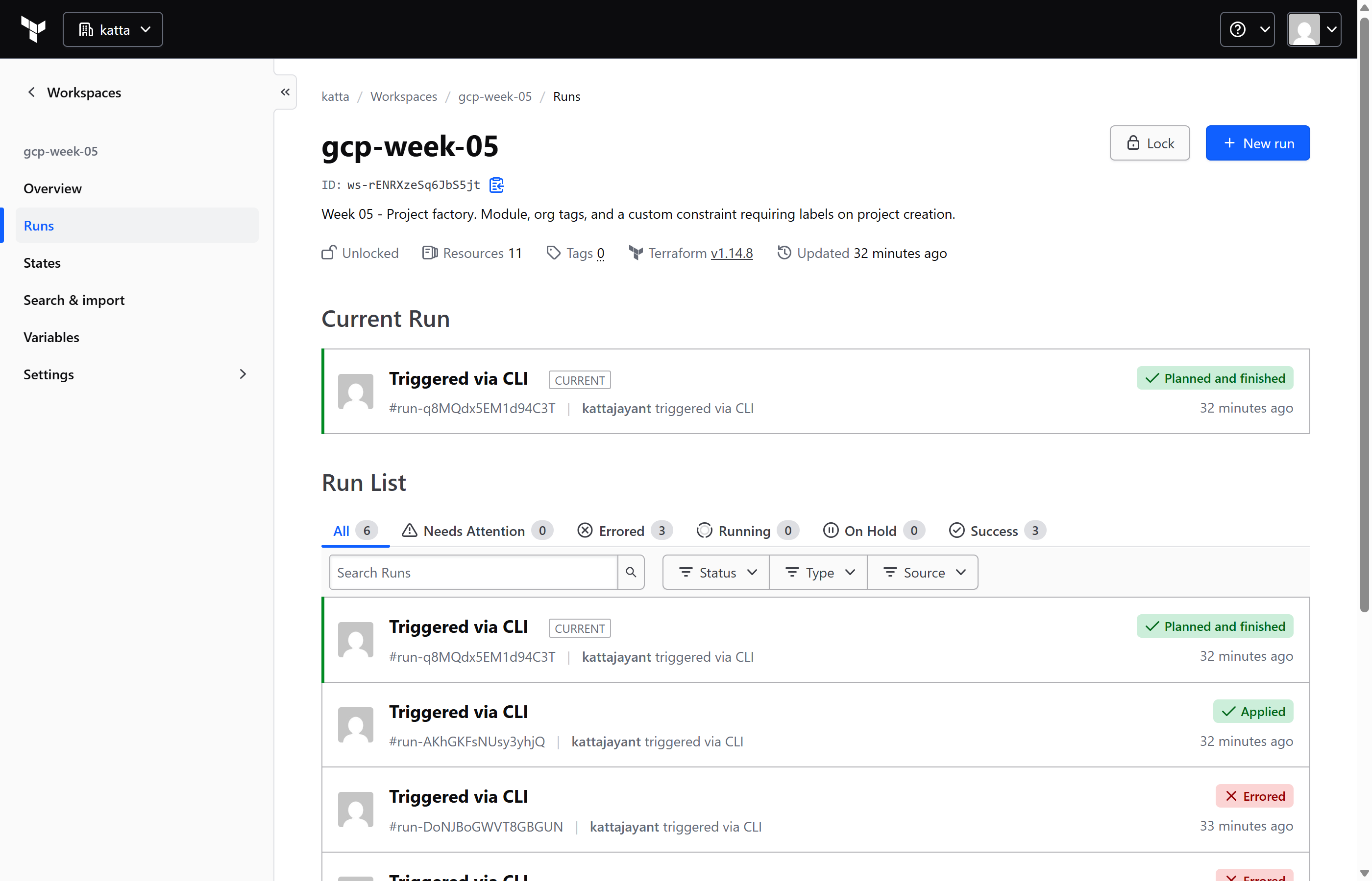 HCP Terraform run list for the Week 5 workspace showing the applied run