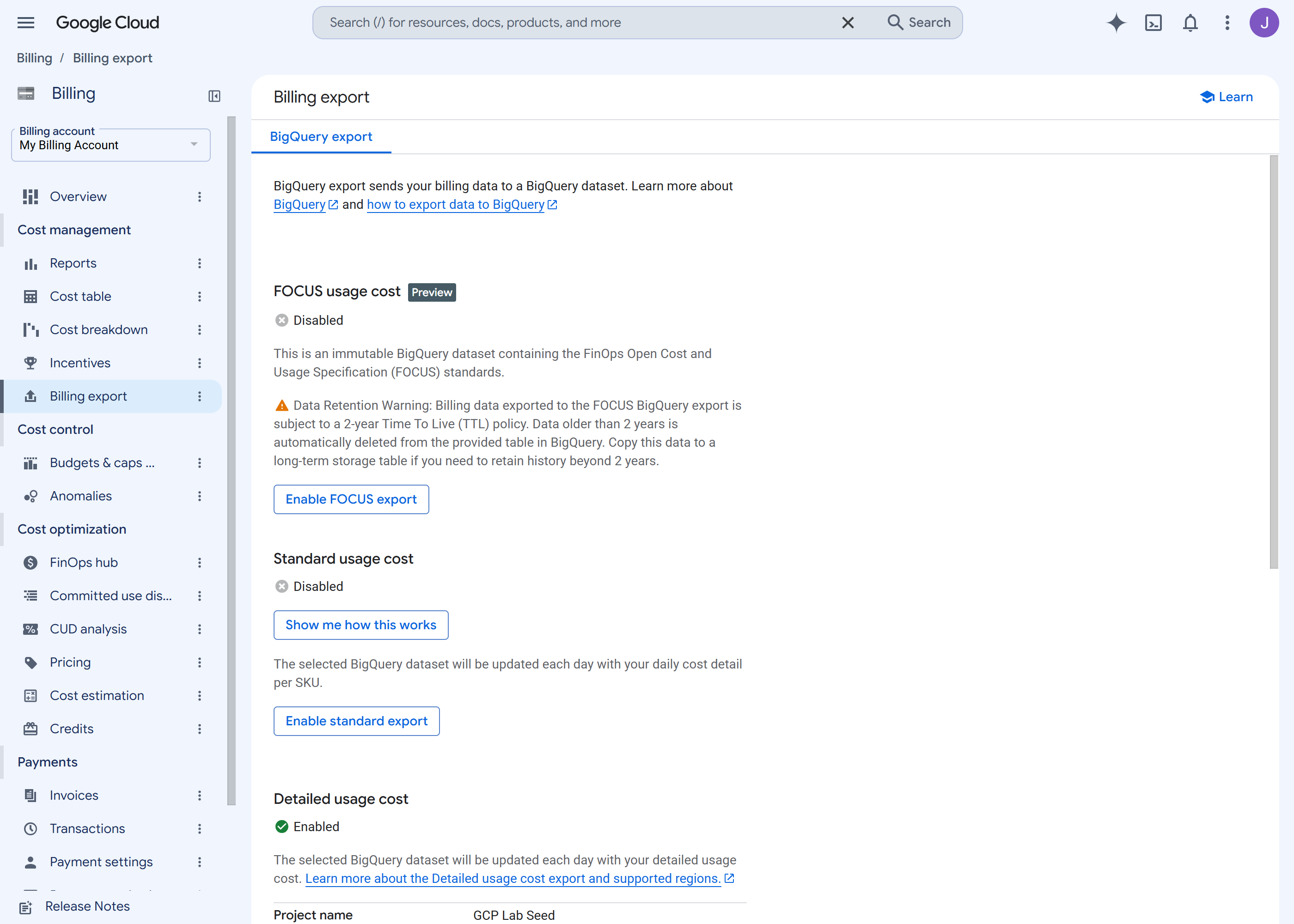 Google Cloud billing export page showing detailed usage cost and pricing exports enabled, with standard, FOCUS and CUD exports disabled