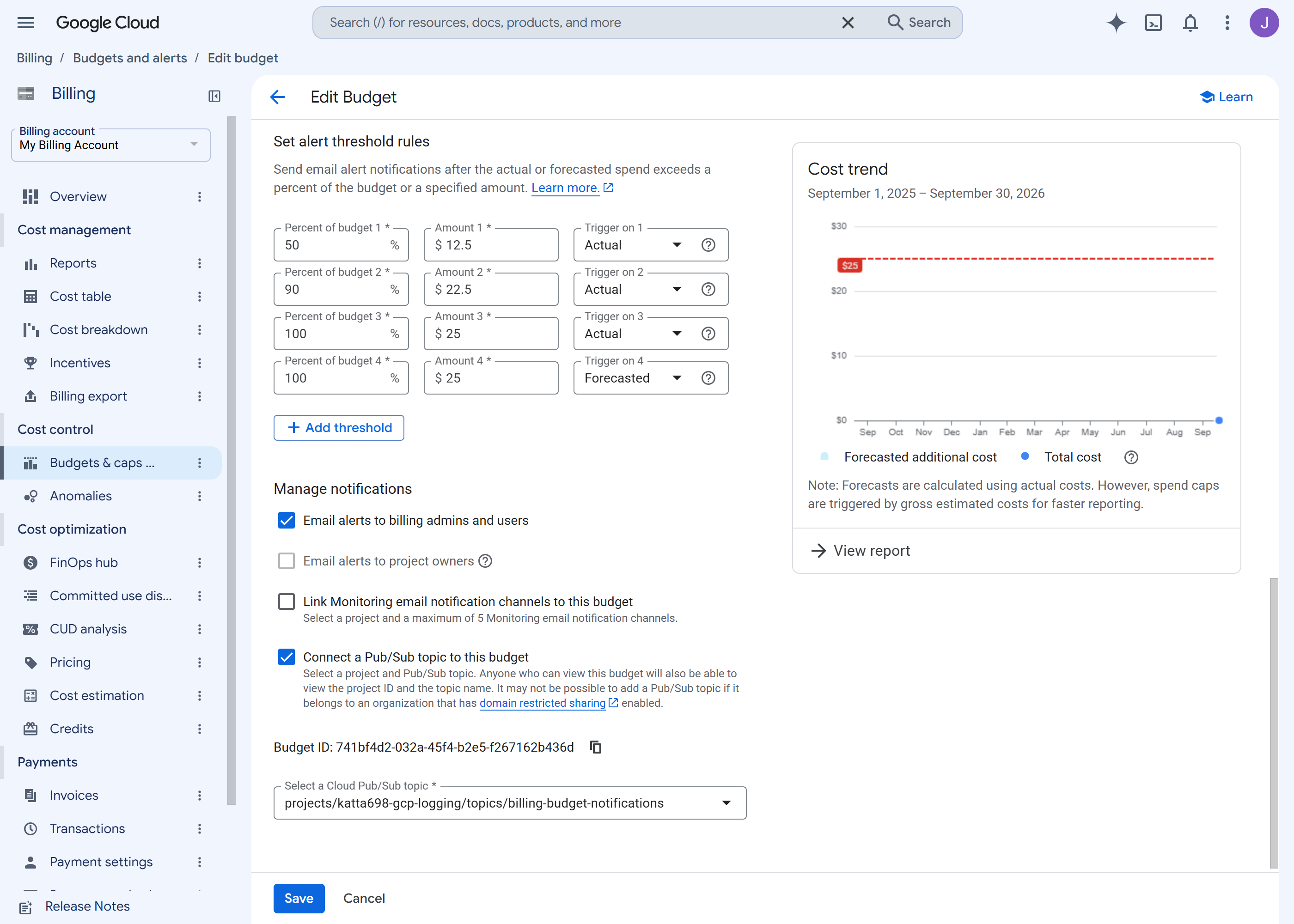 Budget edit page showing a Pub/Sub topic connected to the budget, with four alert threshold rules and the domain restricted sharing warning