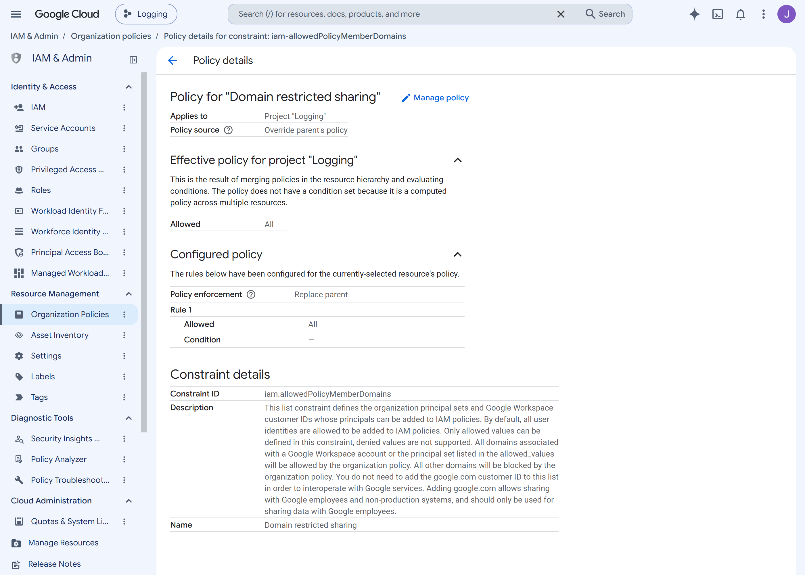 Organization policy details for domain restricted sharing, showing it applies to the Logging project and overrides the parent policy
