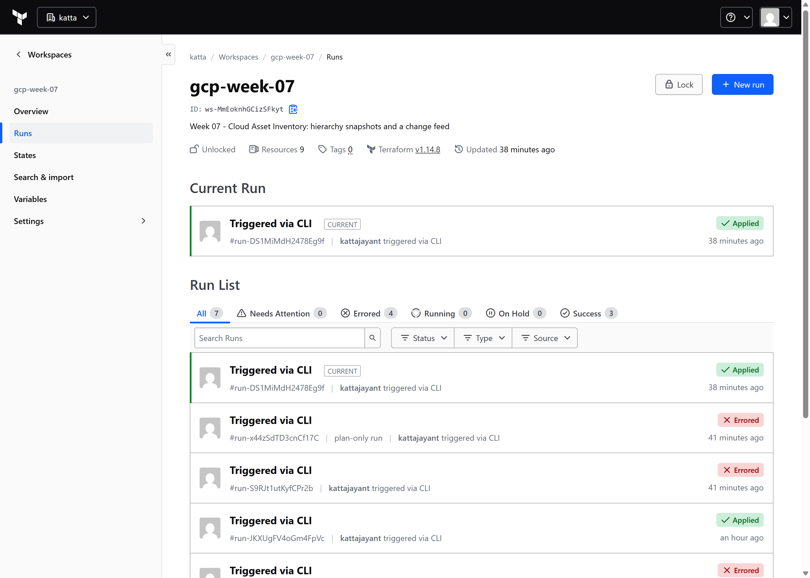 HCP Terraform run list for the Week 7 workspace showing an applied run and four errored runs above it