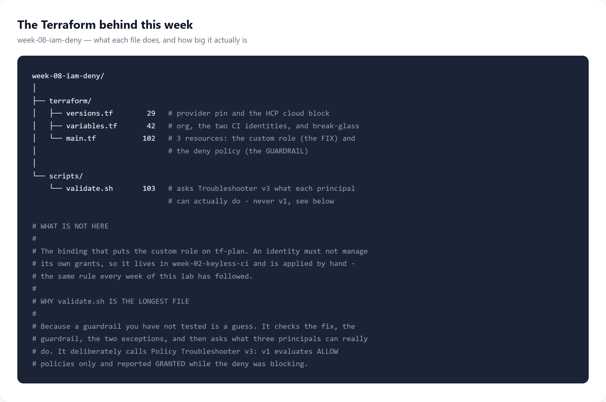 The Terraform file tree for Week 8: terraform/ with versions.tf, variables.tf and a 102-line main.tf holding three resources, and scripts/ with a 103-line validate.sh