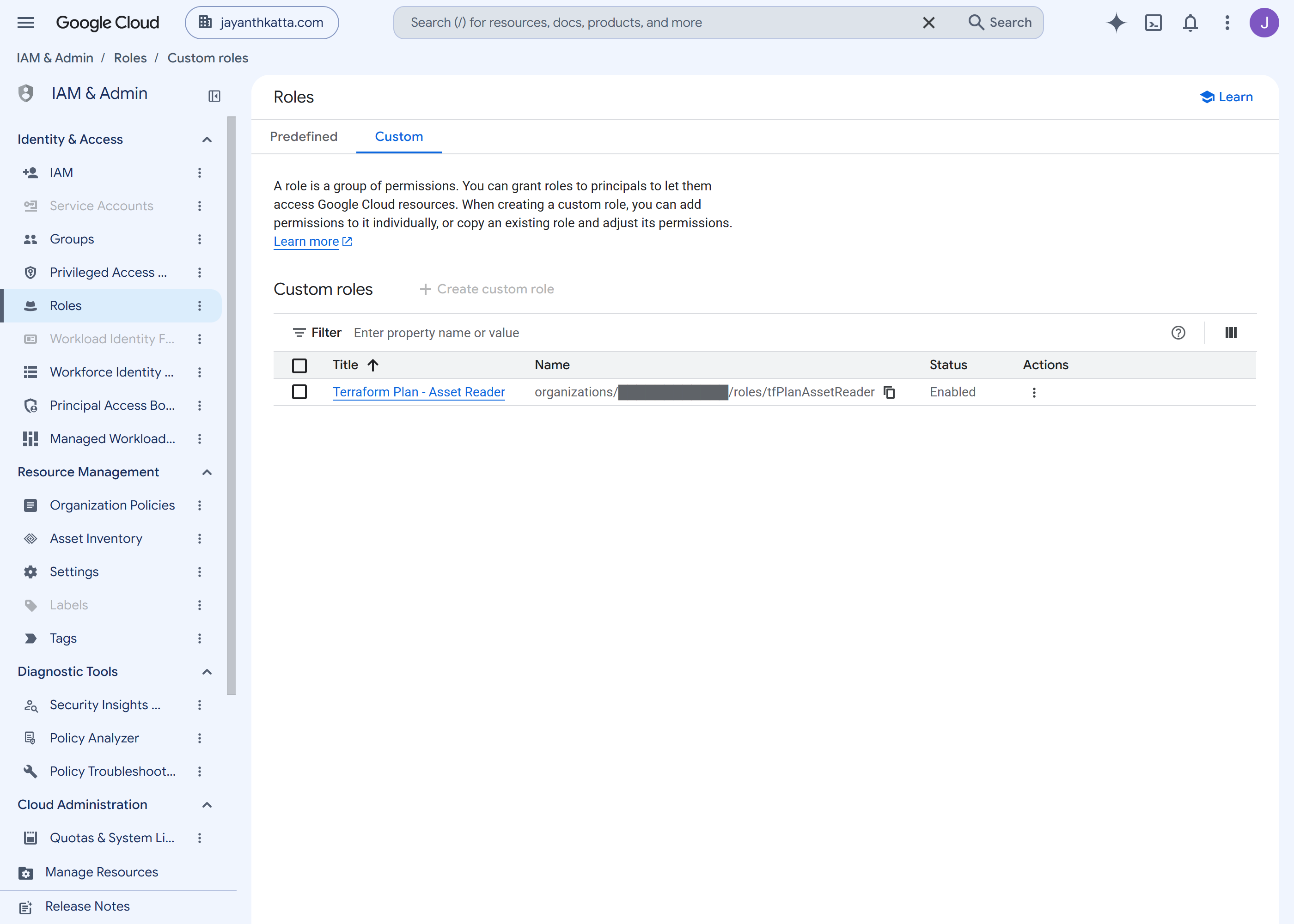 The Custom tab of IAM Roles showing Terraform Plan - Asset Reader, tfPlanAssetReader, Enabled