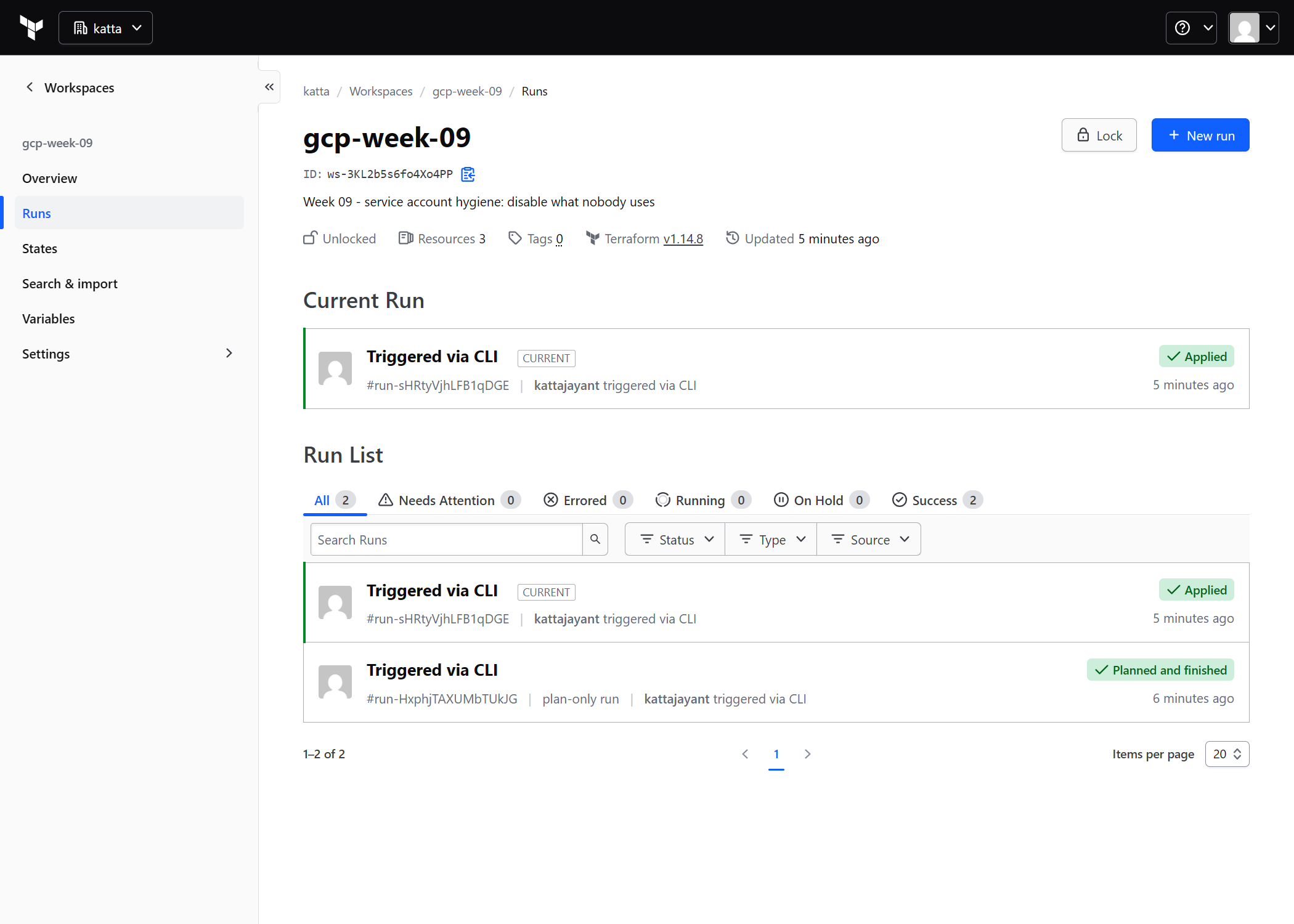 The HCP Terraform run list for the Week 9 workspace showing an applied run with three resources