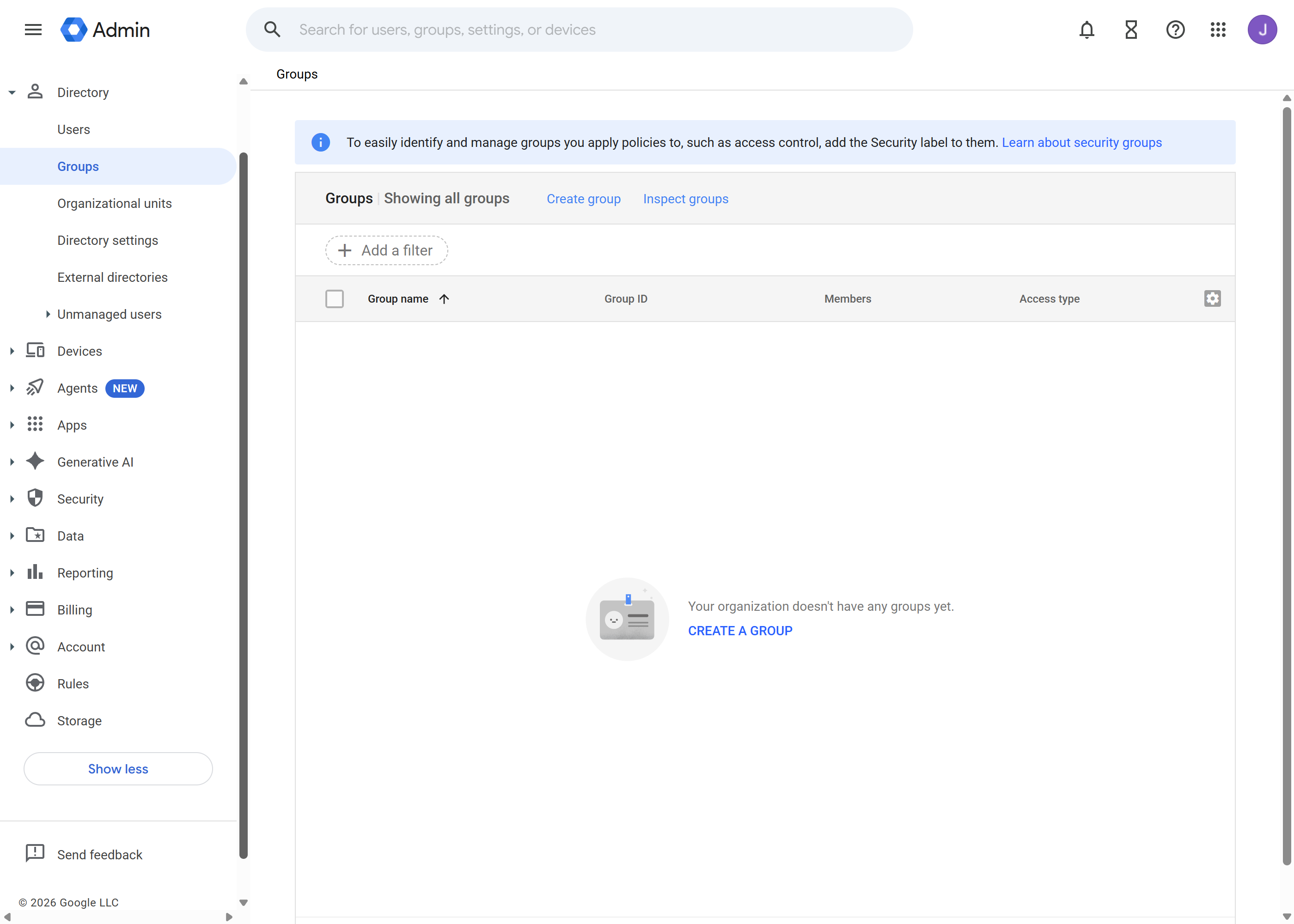 Google Admin console Groups page reading: your organization doesn't have any groups yet.