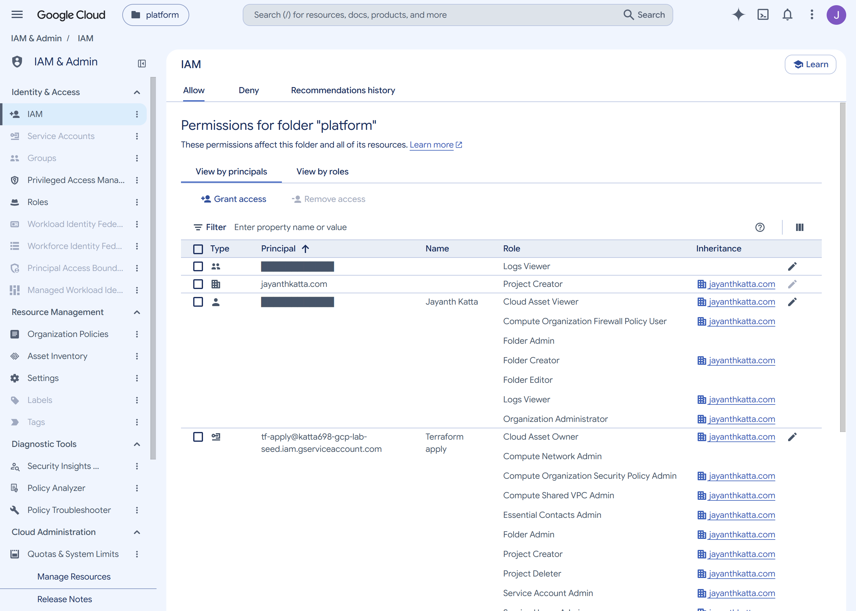 IAM permissions for the platform folder. The first row's Type column shows a group icon holding the Logs Viewer role; the principal address is masked by the capture tooling.