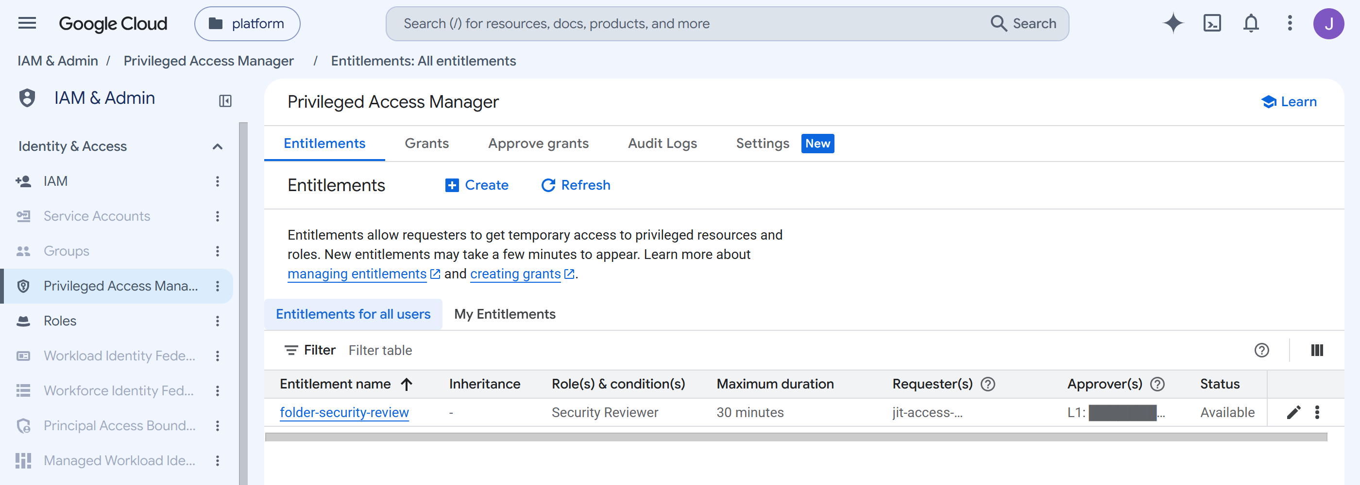 Privileged Access Manager console listing the folder-security-review entitlement: Security Reviewer, 30 minutes maximum duration, a requester, an approver, status Available.