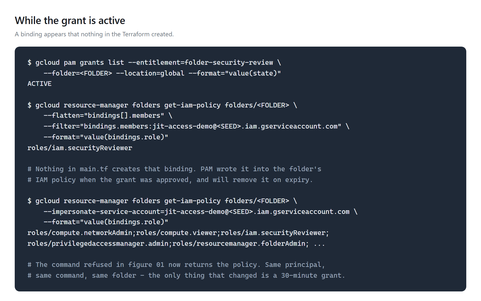 Terminal: grant state ACTIVE, the folder policy now carries roles/iam.securityReviewer for the subject, and the previously refused command returns the policy.