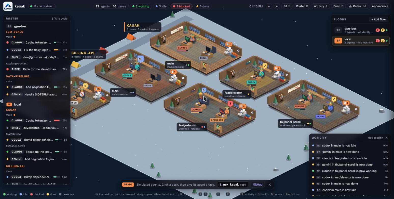 An office of simulated agents, in the Alpine basecamp look
