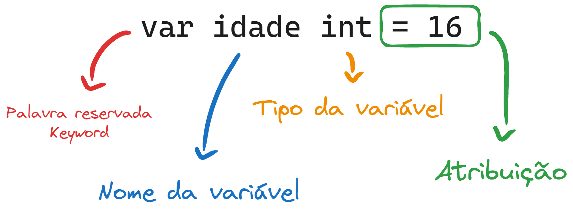 Demonstração da estrutura de uma variável com setas e cores. 'var' -> palavra reservada. 'idade' -> nome da variável. 'int' -> tipo da variável. '= 16' -> atribuição.
