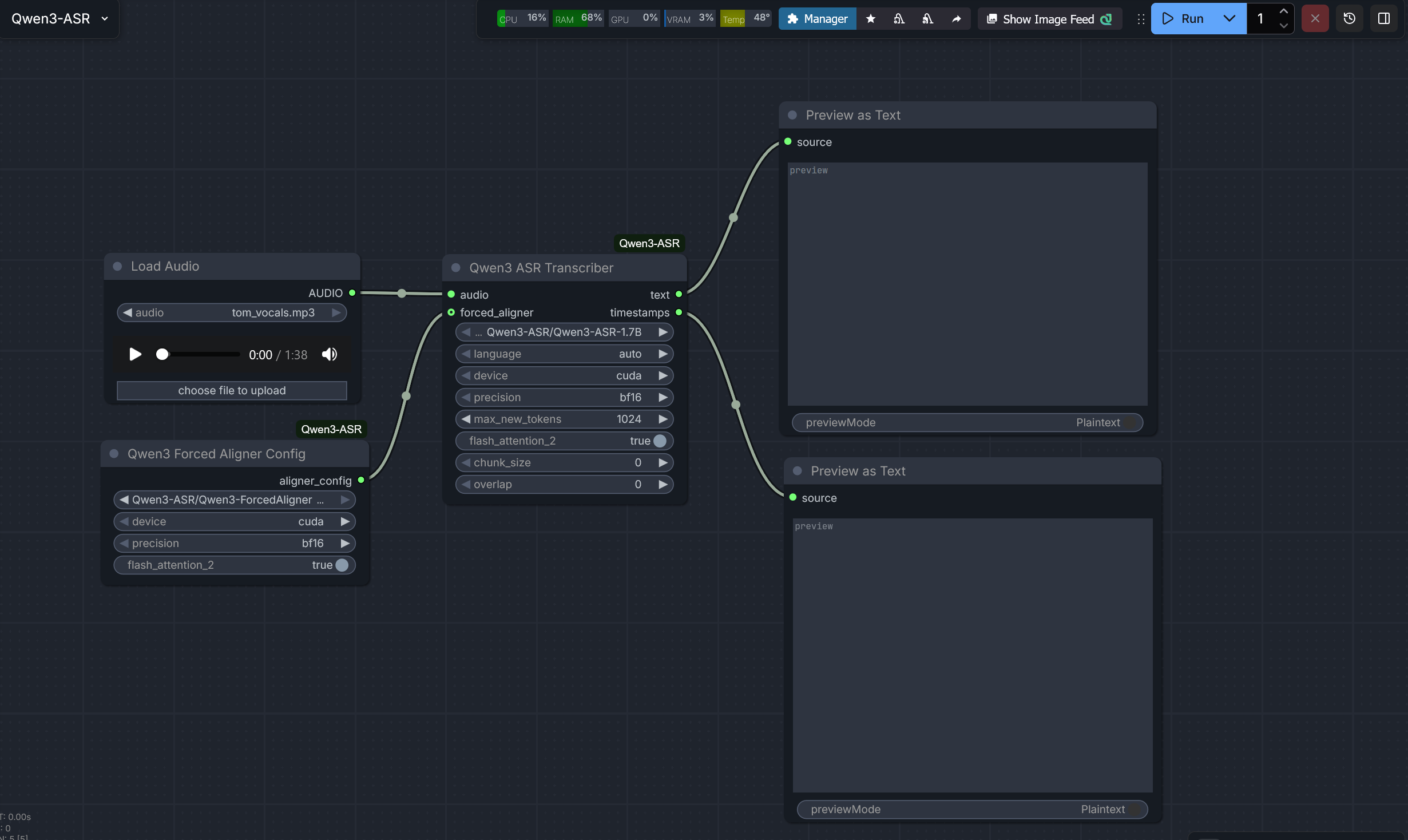 A software interface displaying an audio processing workflow. It includes modules for loading audio, aligning, transcribing, and previewing text. Inputs and settings such as language, device, and precision are visible.