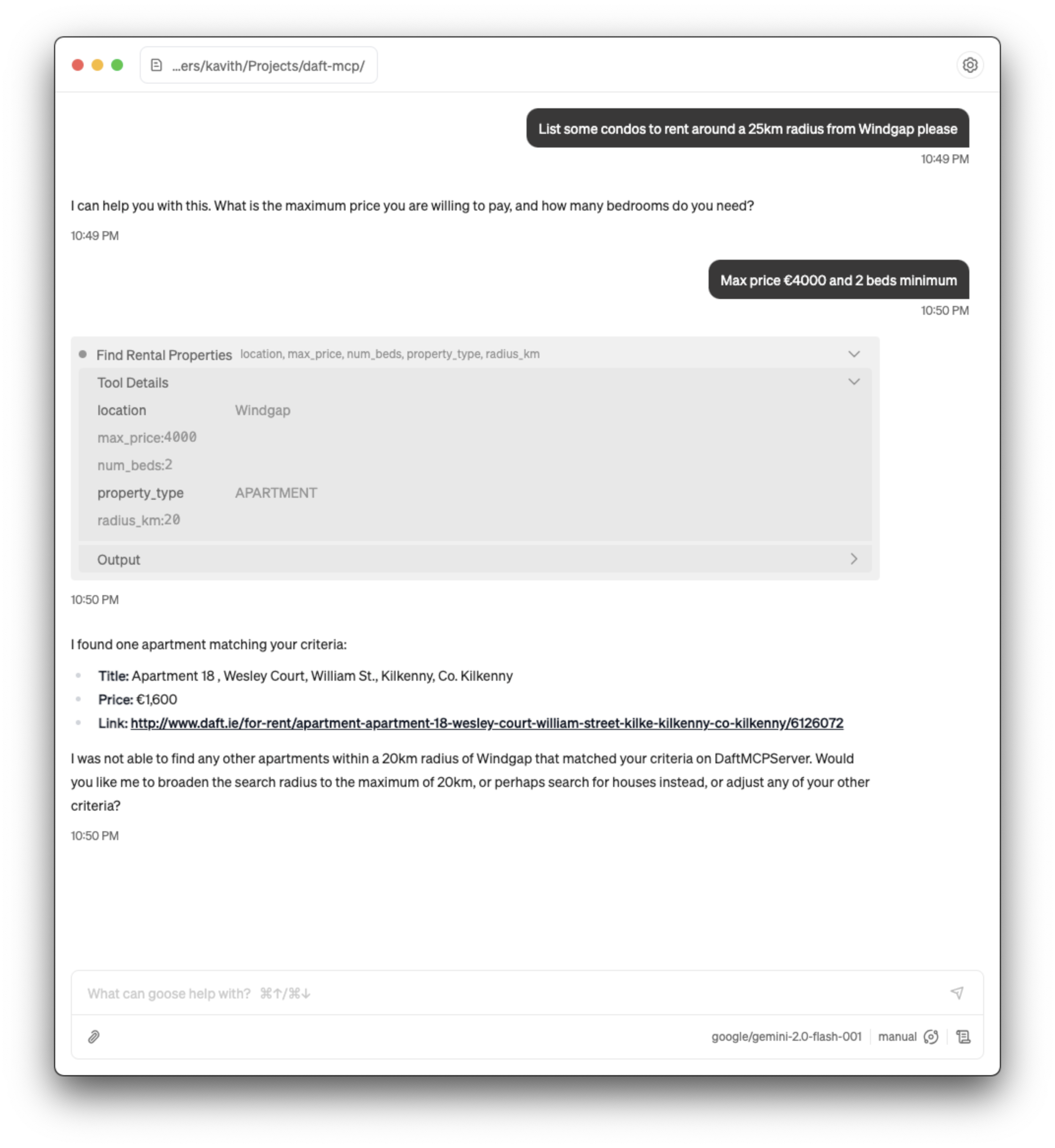 Screenshot showing the MCP server working