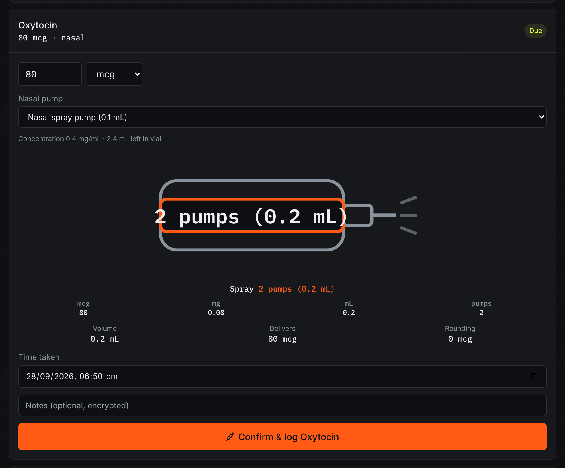 A nasal dose shown as 2 pumps (0.2 mL) on the Today page (demo data)