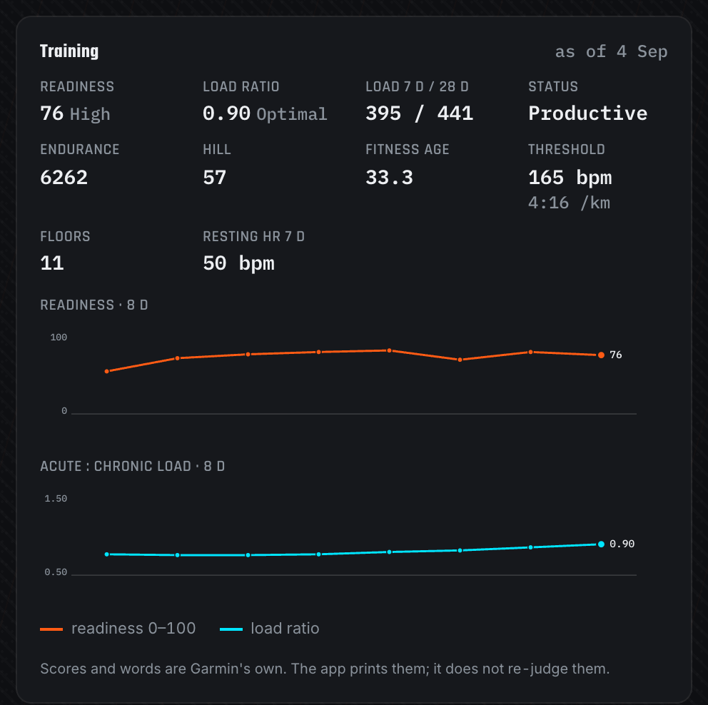 Training card with Garmin training metrics (demo data)