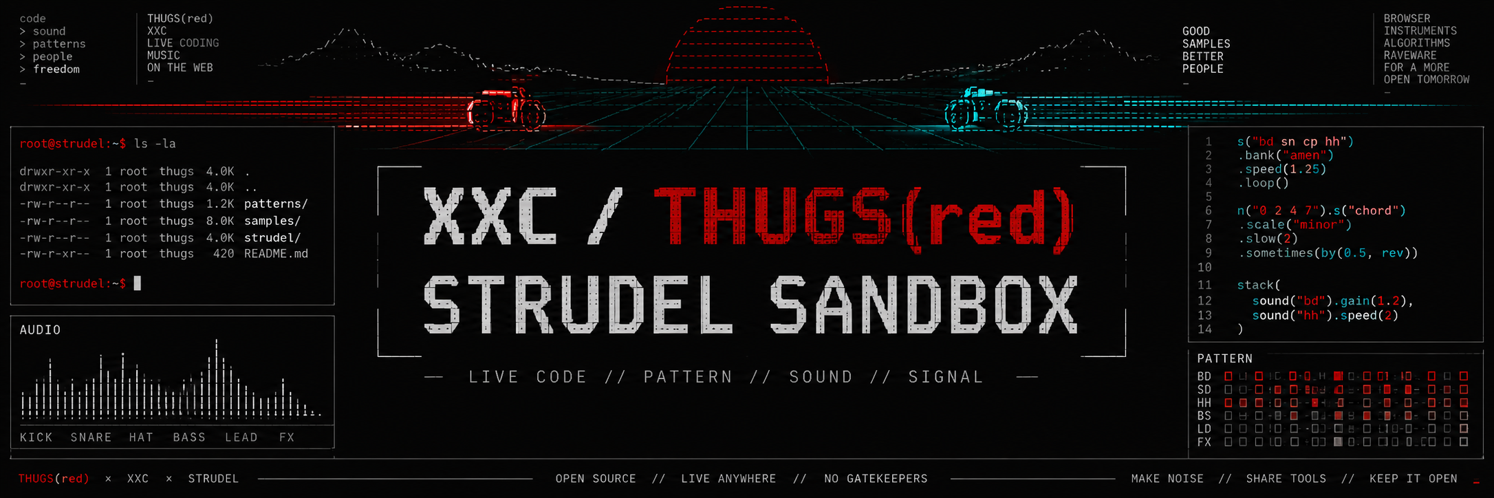 XXC / THUGS(red) — Strudel Sandbox. Live code, pattern, sound, signal.