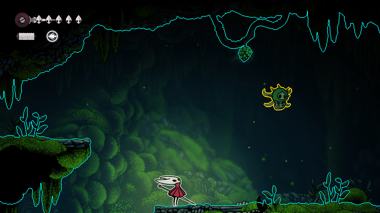 Screenshot of Moss Grotto with edge detection on the terrain, Hornet, and one Mossmir