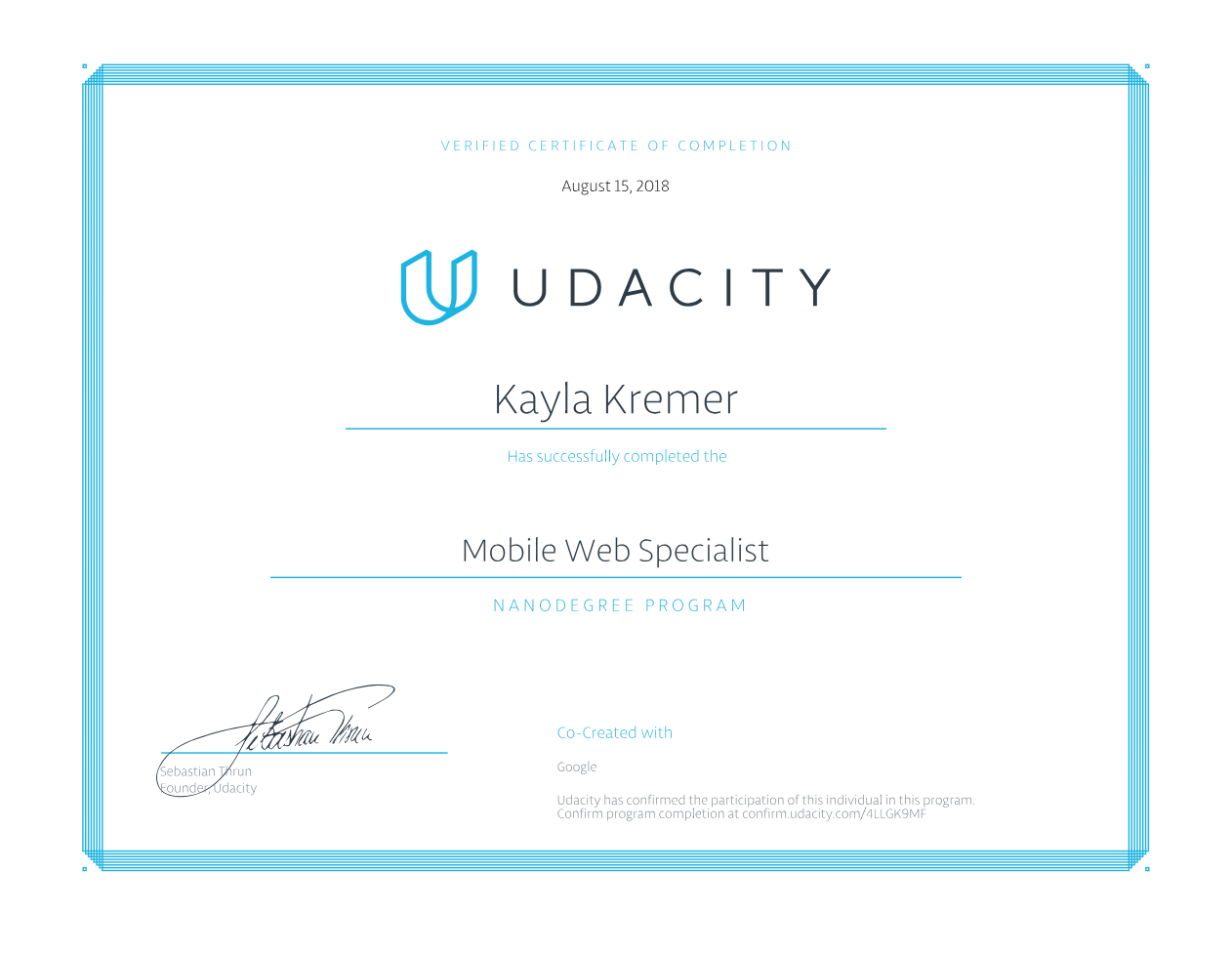 Kayla Kremer Udacity MWS Certification