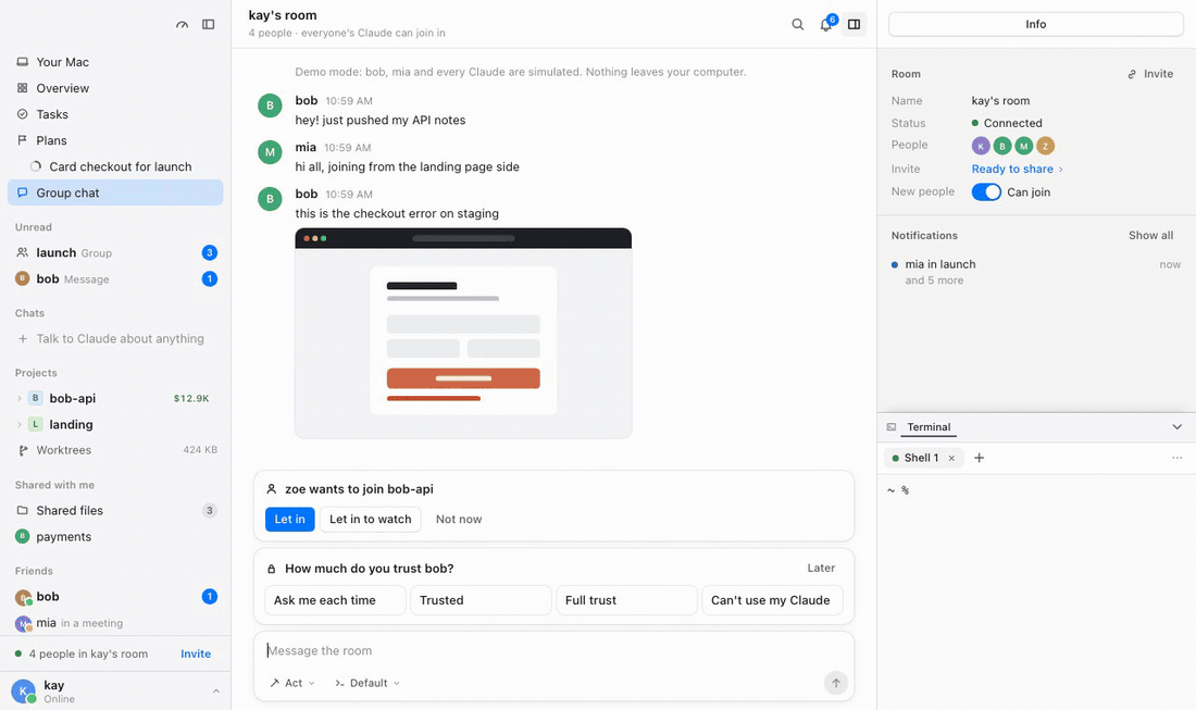 Typing '@bob run the tests in bob-api' in Beluga: your Claude asks bob's Claude, bob's Claude runs the tests on his Mac, and the result (27 passed) comes back into the conversation