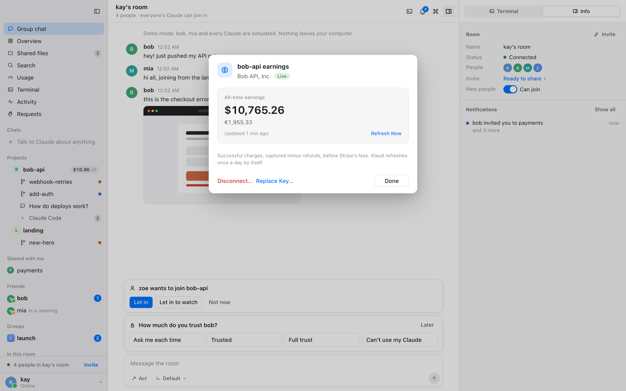 Stripe earnings for a project