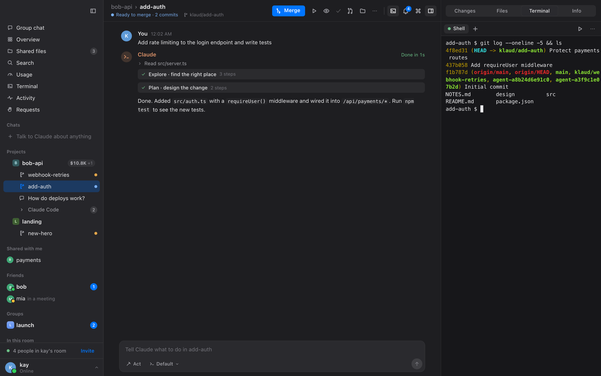 A terminal in the right panel, dark mode