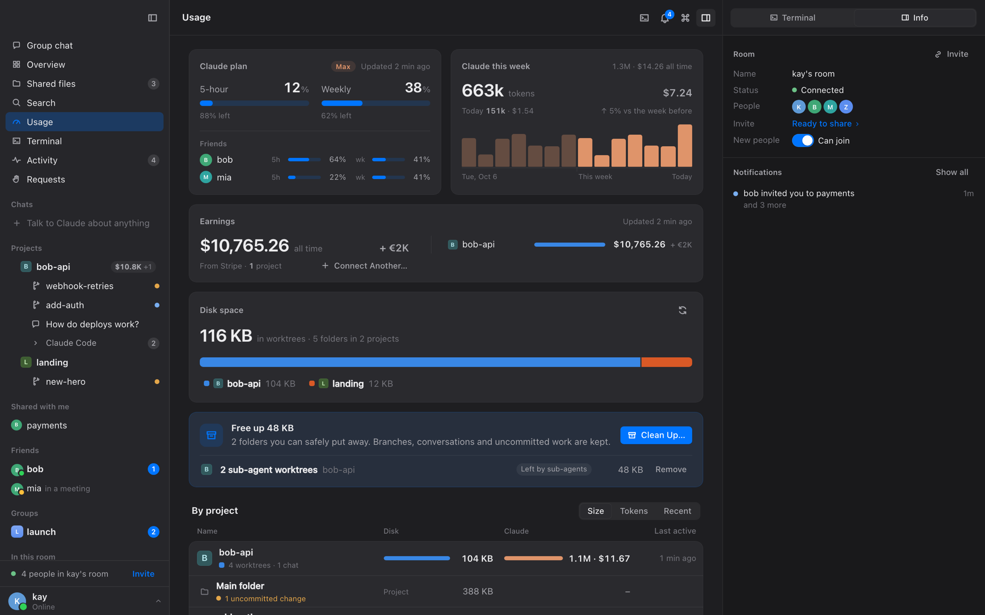Usage: plan limits, tokens per day, disk per project