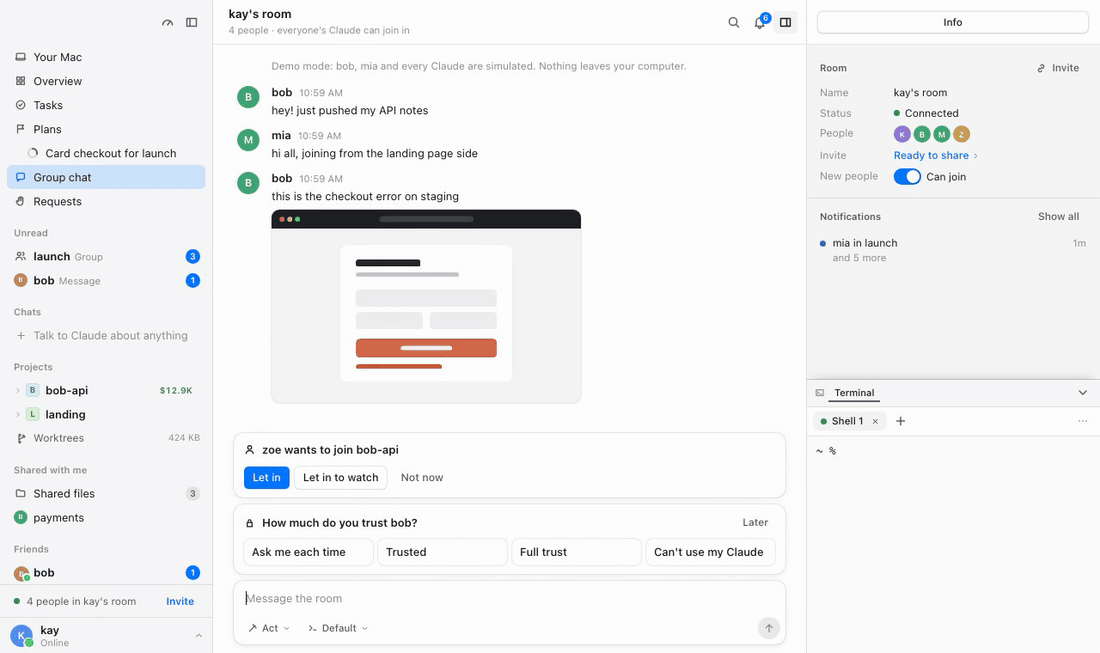 Asking Claude to add rate limiting in the add-auth worktree: its steps appear live, the changed files show in the right panel, and it's ready to merge