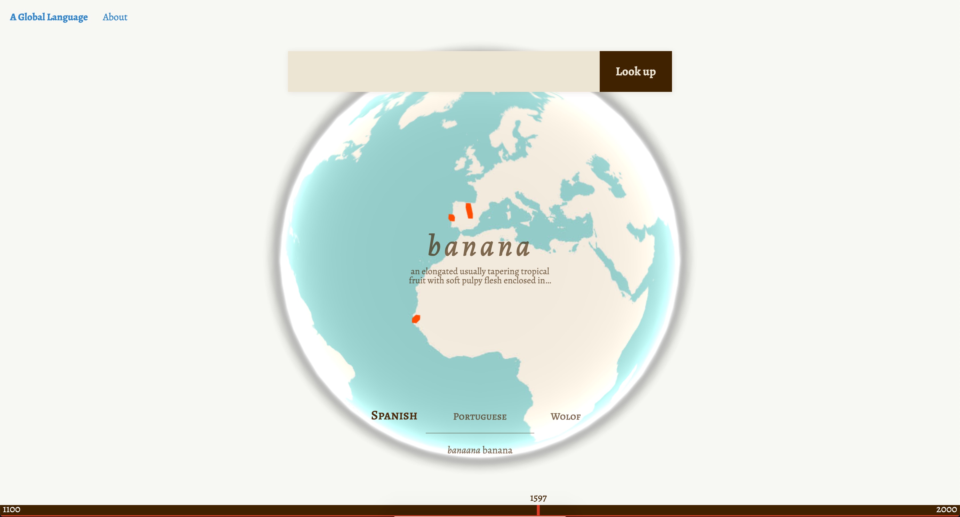 Webpage showing results for "banana", with three points on the globe, a section of languages, and a historical timeline