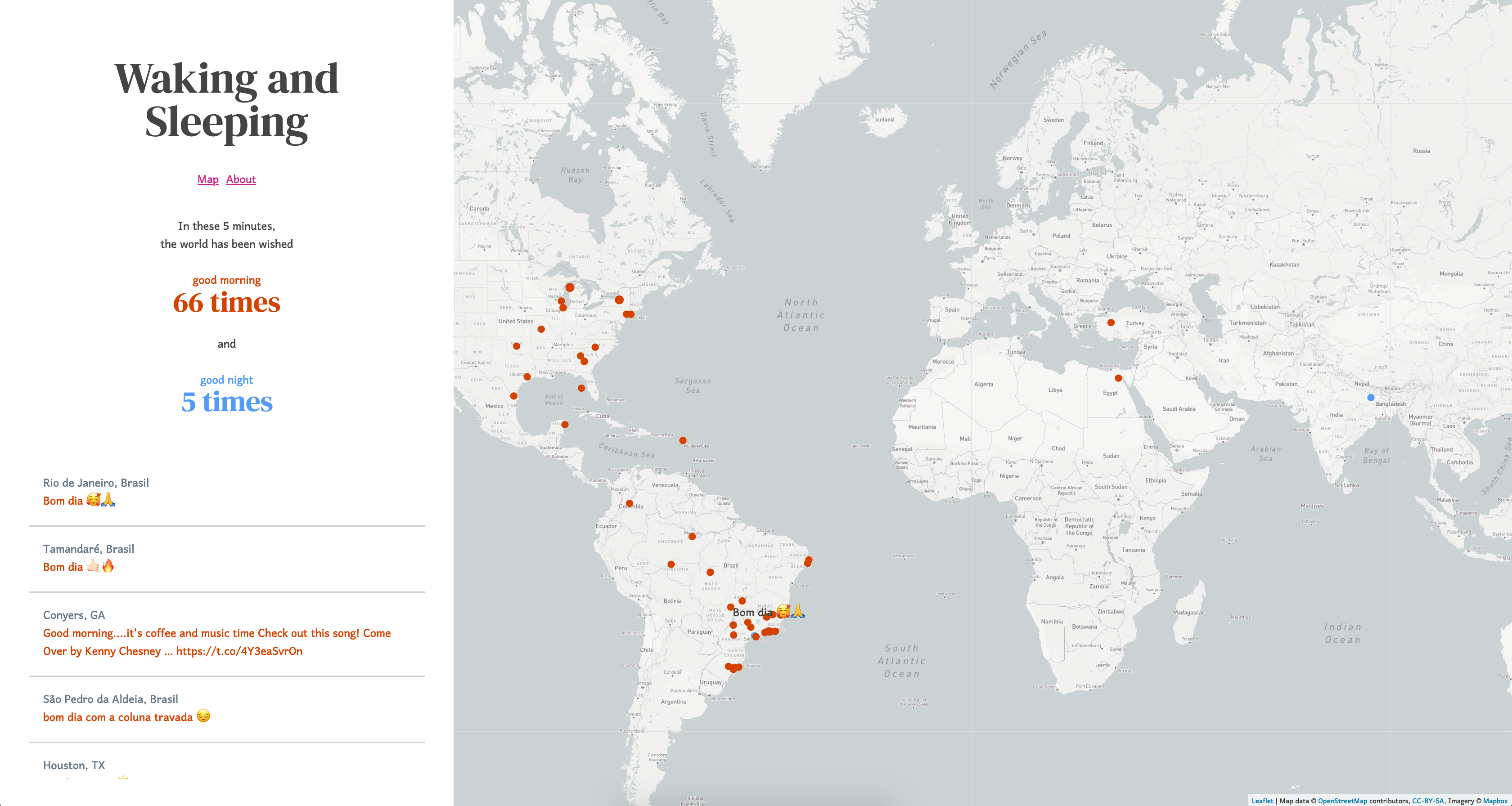 Red dots scattered across a world map, representing Tweets containing the phrase "good morning" in different languages. A feed of the Tweets are listed in the sidebar.