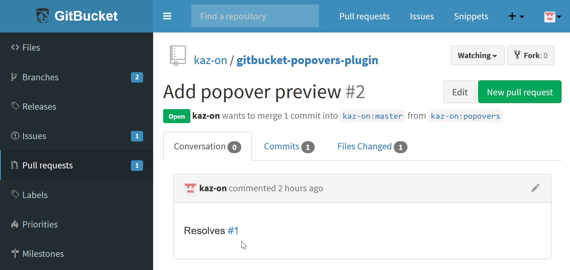 Screenshot of popover preview for issues in GitBucket