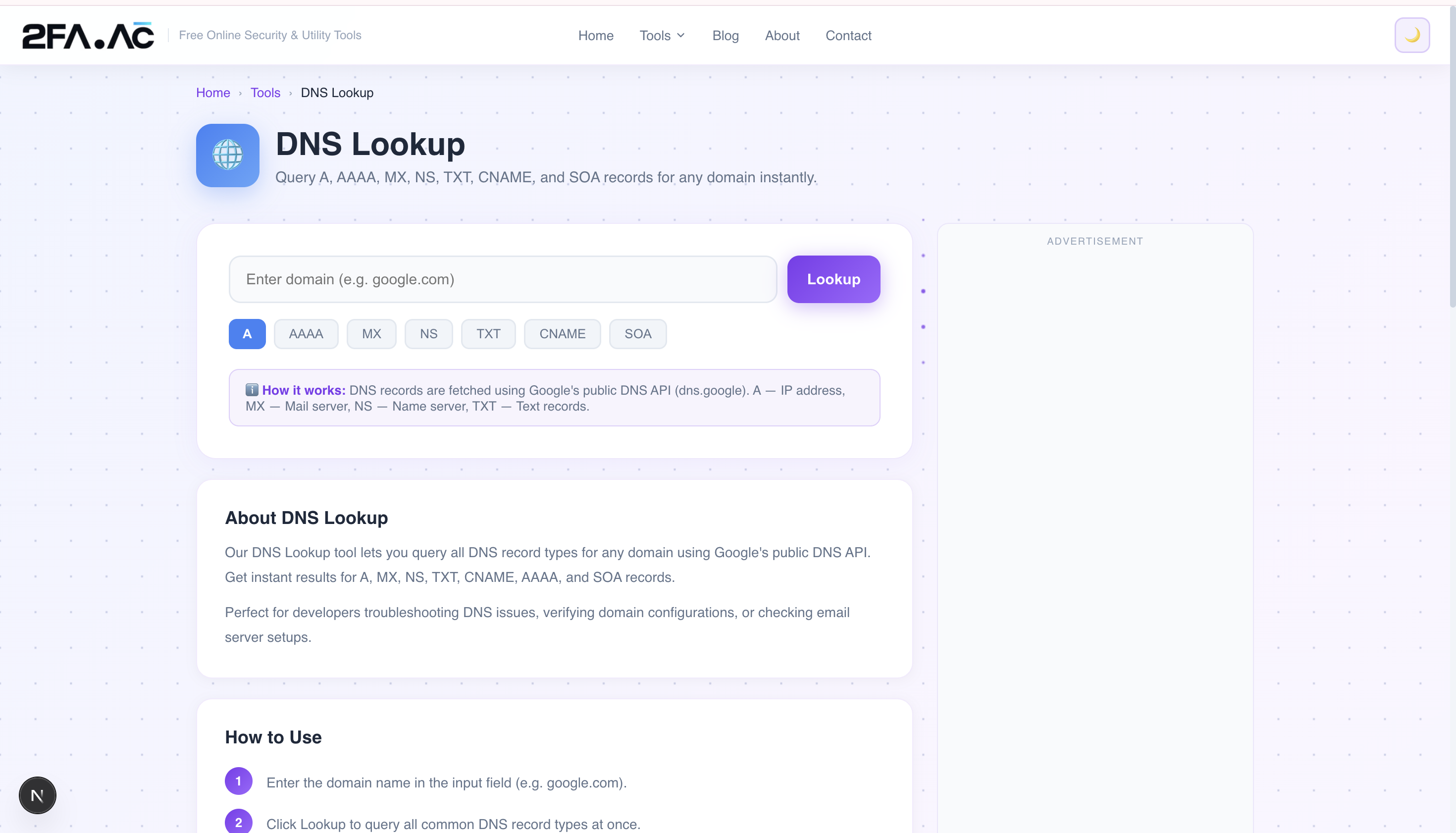 2FA.AC DNS lookup tool — check DNS records online