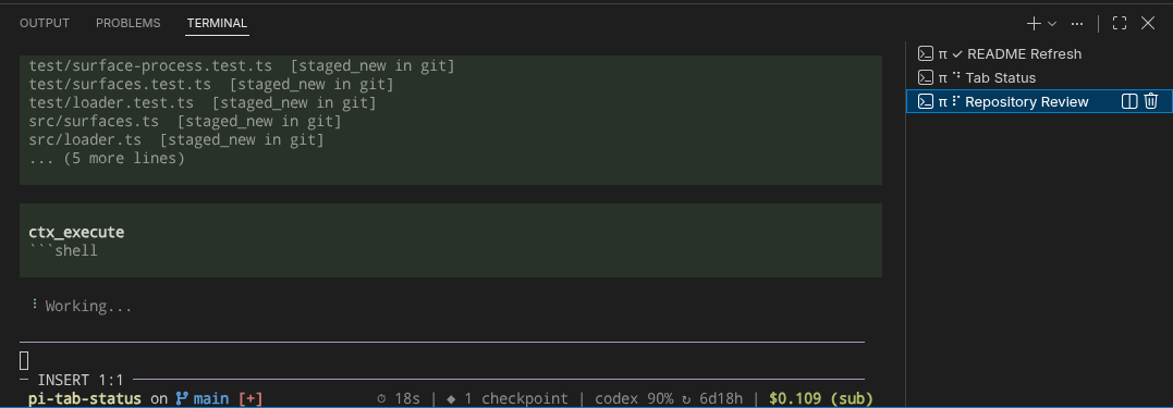 Three Pi sessions named by pi-tab-status in VS Code integrated terminal tabs