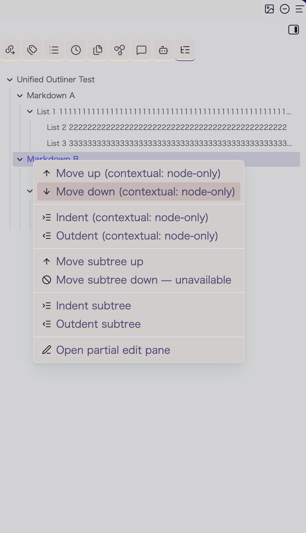 Context menu for a selected tree node