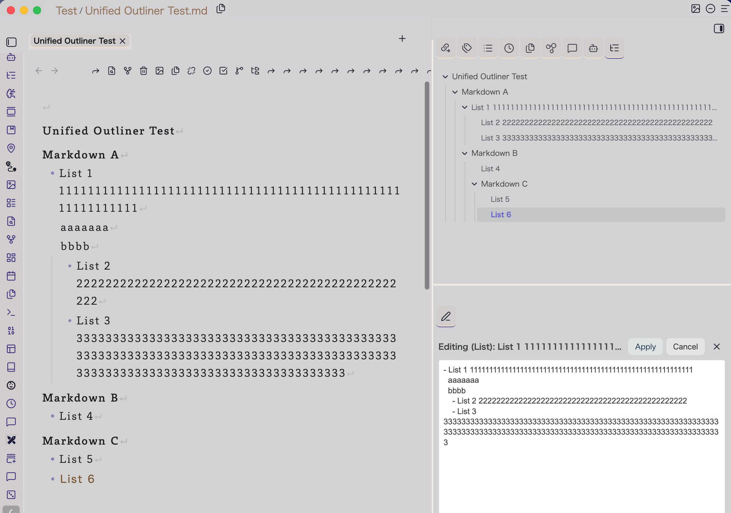 Focused editing pane for a selected outline subtree