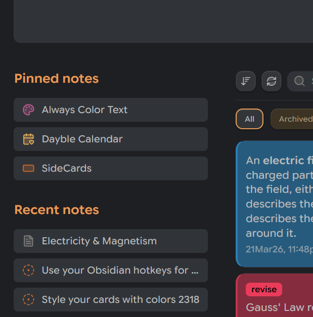 Pinned and recent notes
