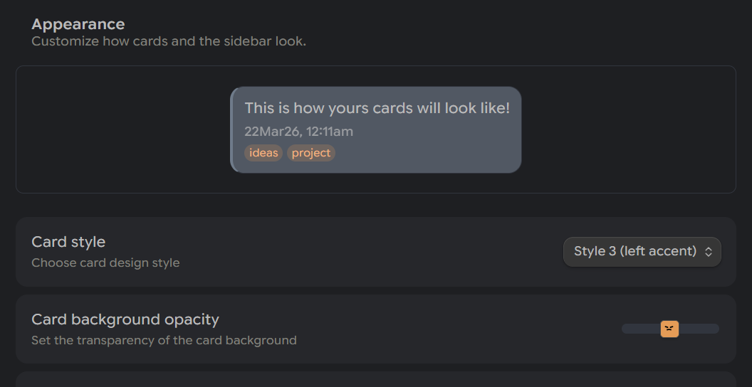 Card styling settings